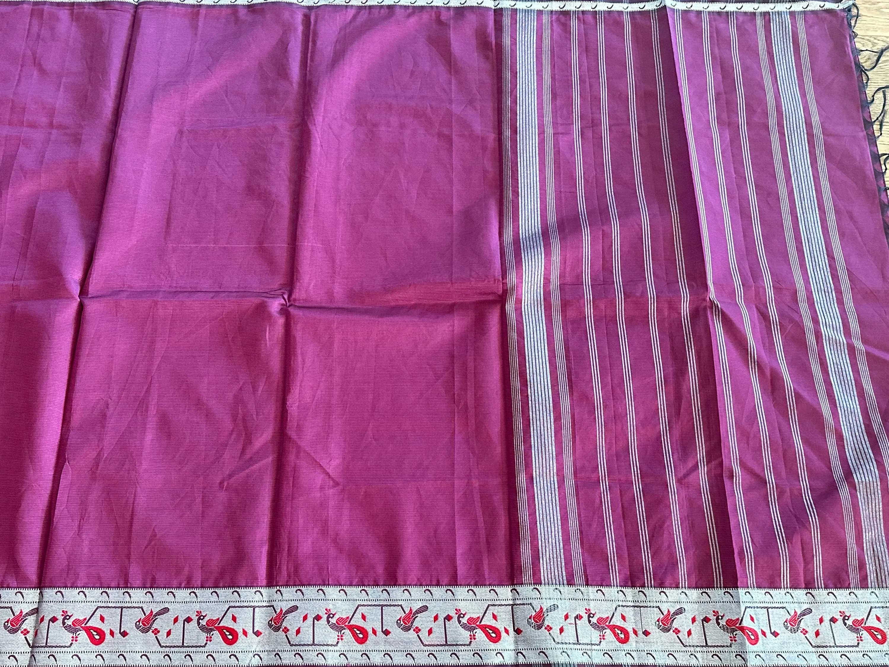 Pure Mangalagiri Handloom Silk Saree | Silver Zari Peacock Border, Blouse Piece — view 6