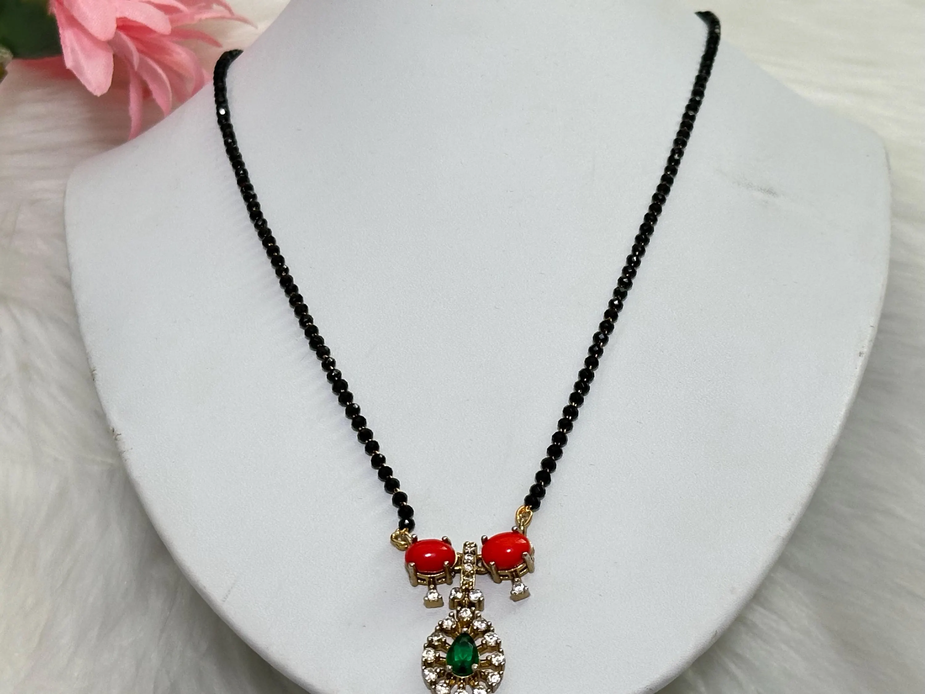 Black Bead Mangalsutra with Coral and Green Stones | Traditional Hindu Necklace — view 4