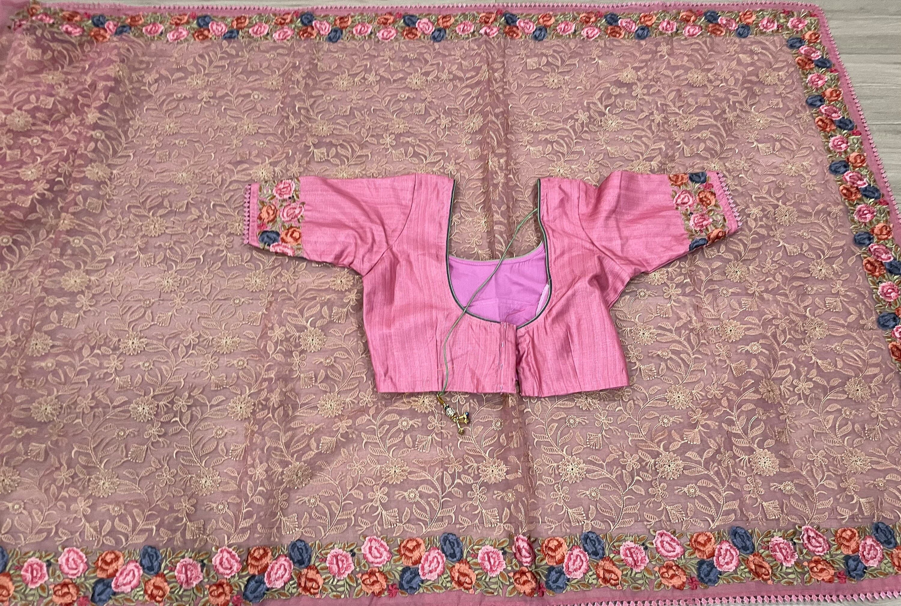 Organza Chikankari Parsi Embroidery Work Saree With Stitched Blouse — view 6