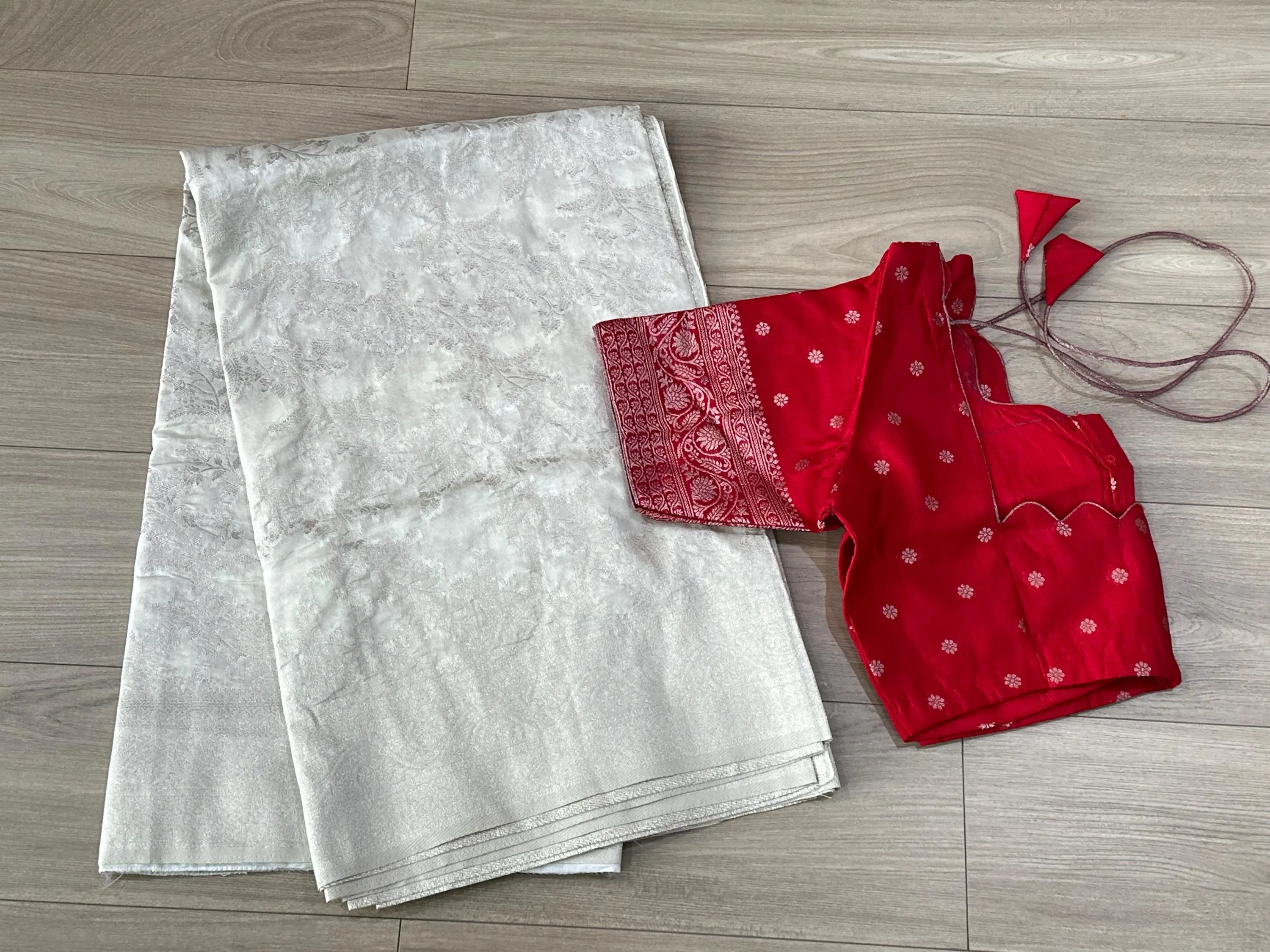 Floral Weaving Banarasi Saree | Off-White and Red, Soft Fabric — view 1