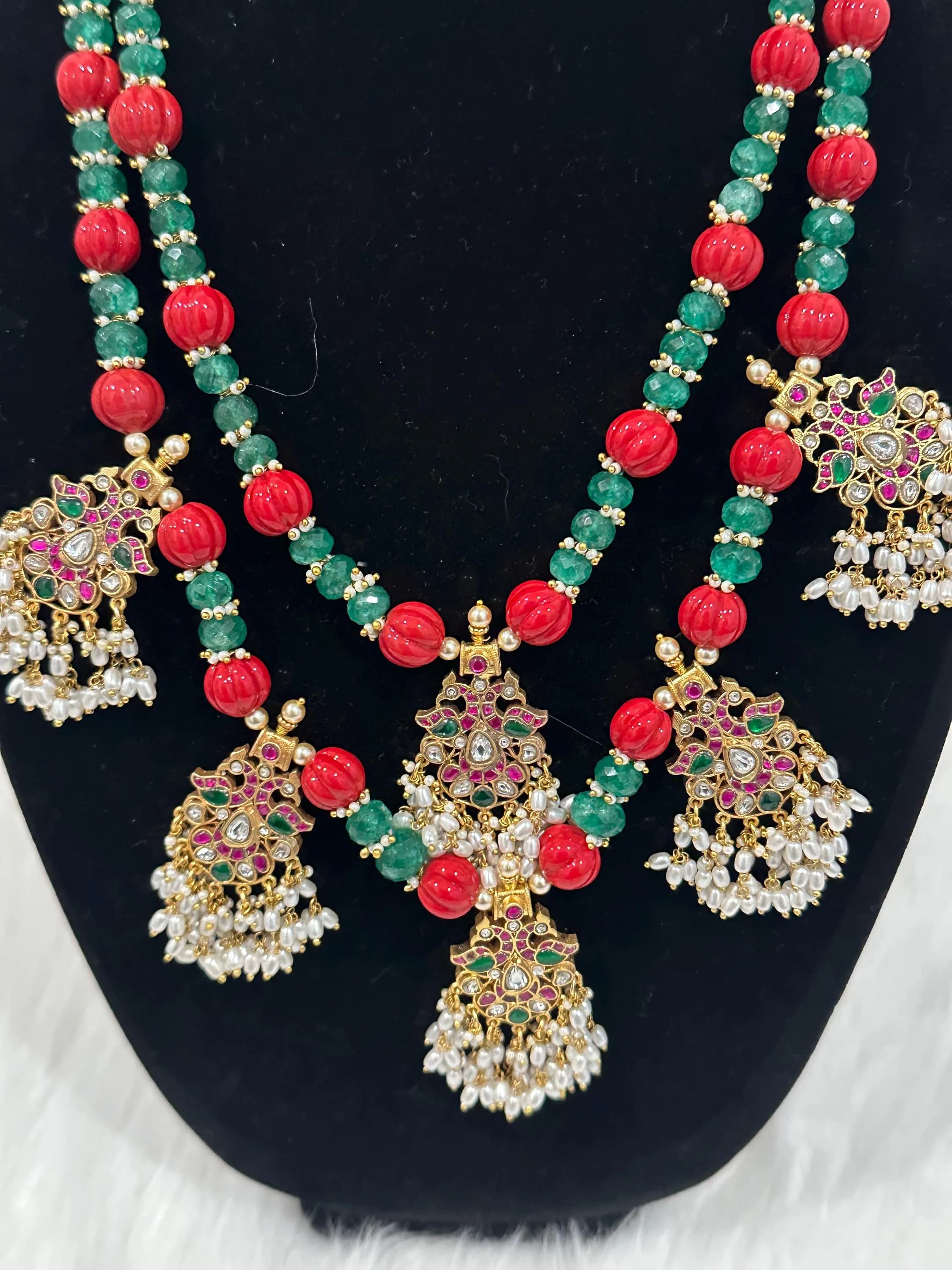 Indian Jewelry Set, Red Green Beaded Necklace, Gold Plated Earrings, Bollywood Jewelry — view 5