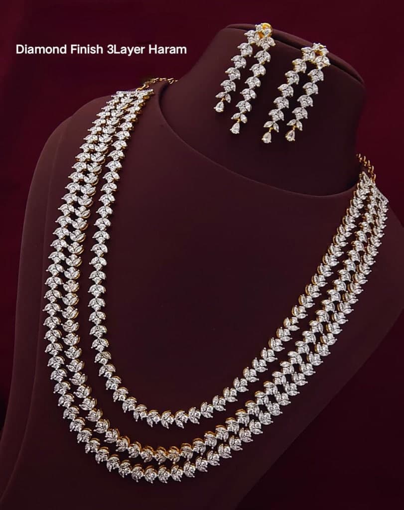 Diamond finish 3 layer haram and earrings/ earrings/ Saree jewelry/ festive/ partywear — view 5