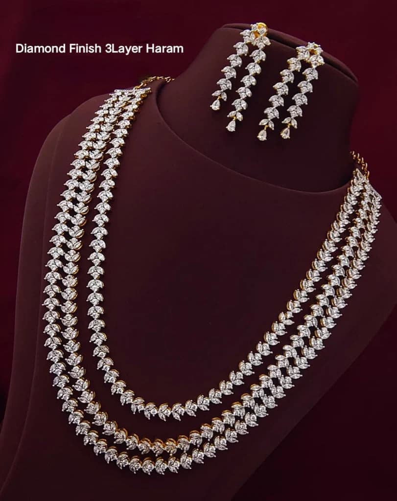 Diamond finish 3 layer haram and earrings/ earrings/ Saree jewelry/ festive/ partywear — view 5