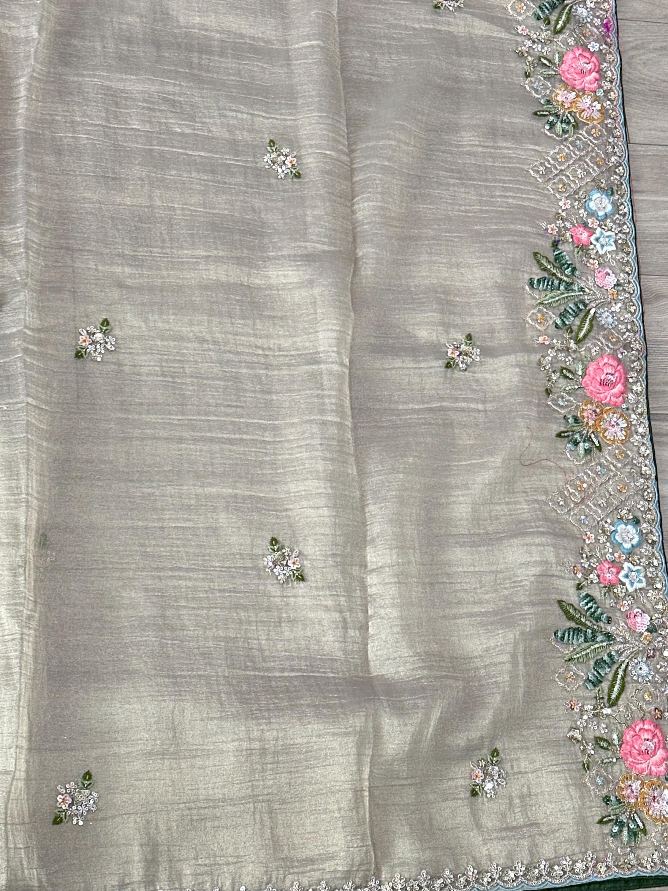 Tissue Saree with Coding Work Motifs and Scalloped Border | Party Wear Saree — view 8