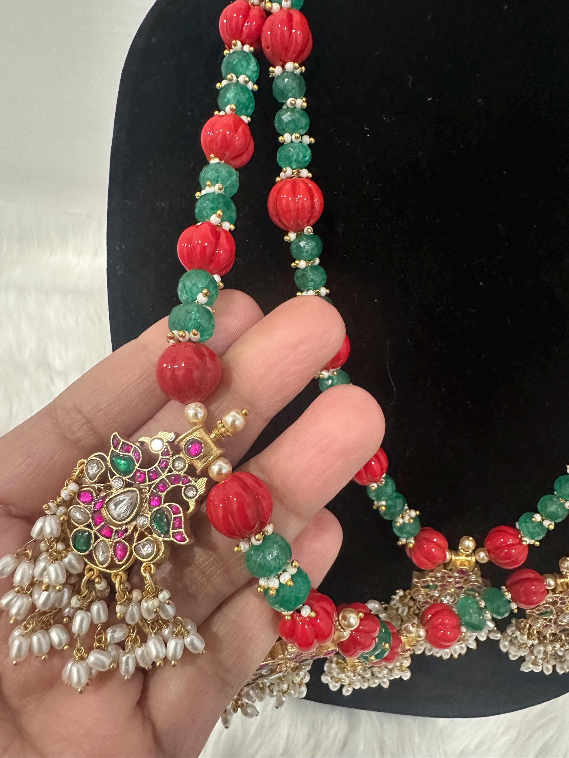 Indian Jewelry Set, Red Green Beaded Necklace, Gold Plated Earrings, Bollywood Jewelry — view 8