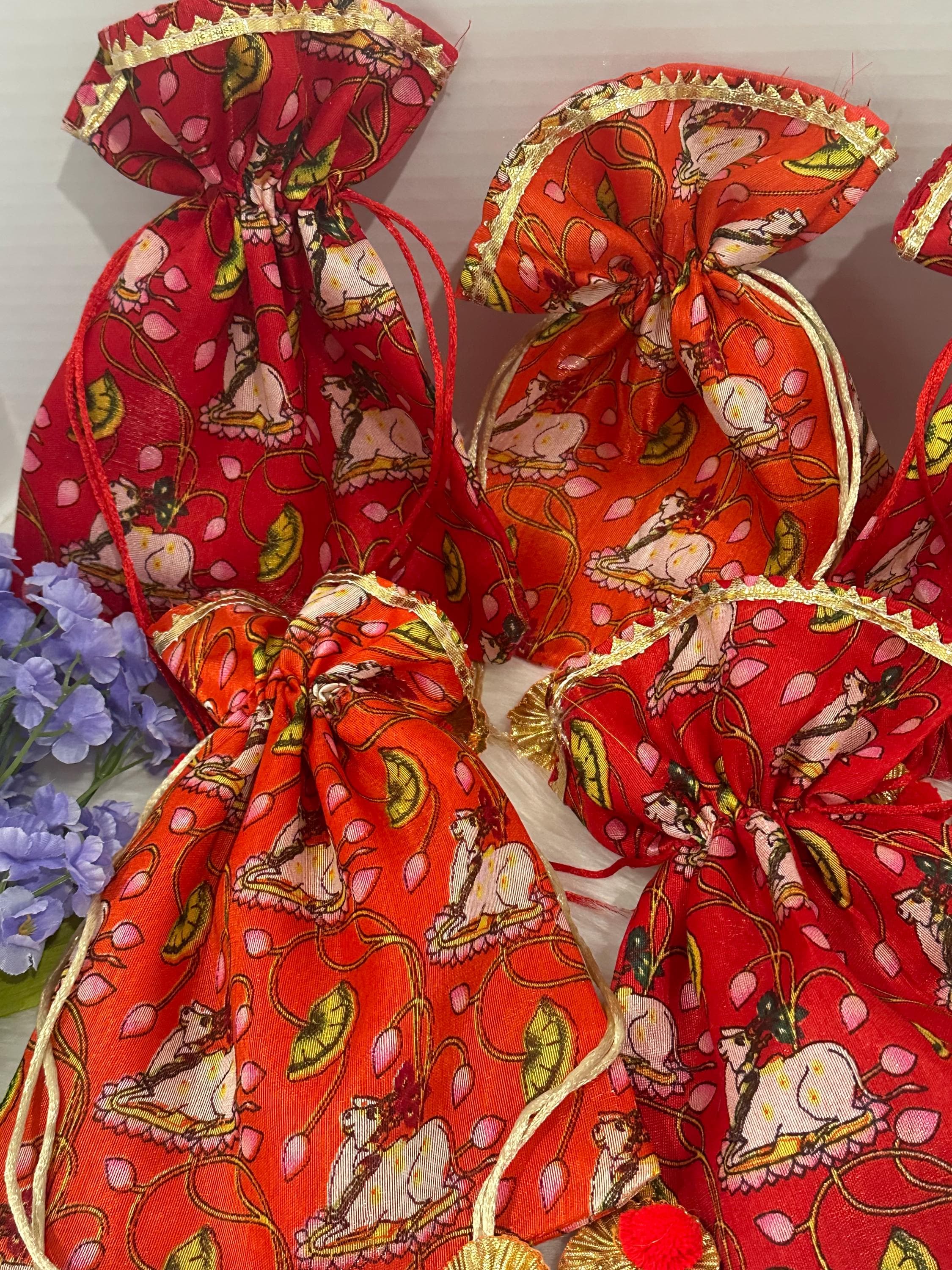 Pichwai Design Potli Bags | Pack of 5 Festive Wedding Thamboolam Bags — view 5