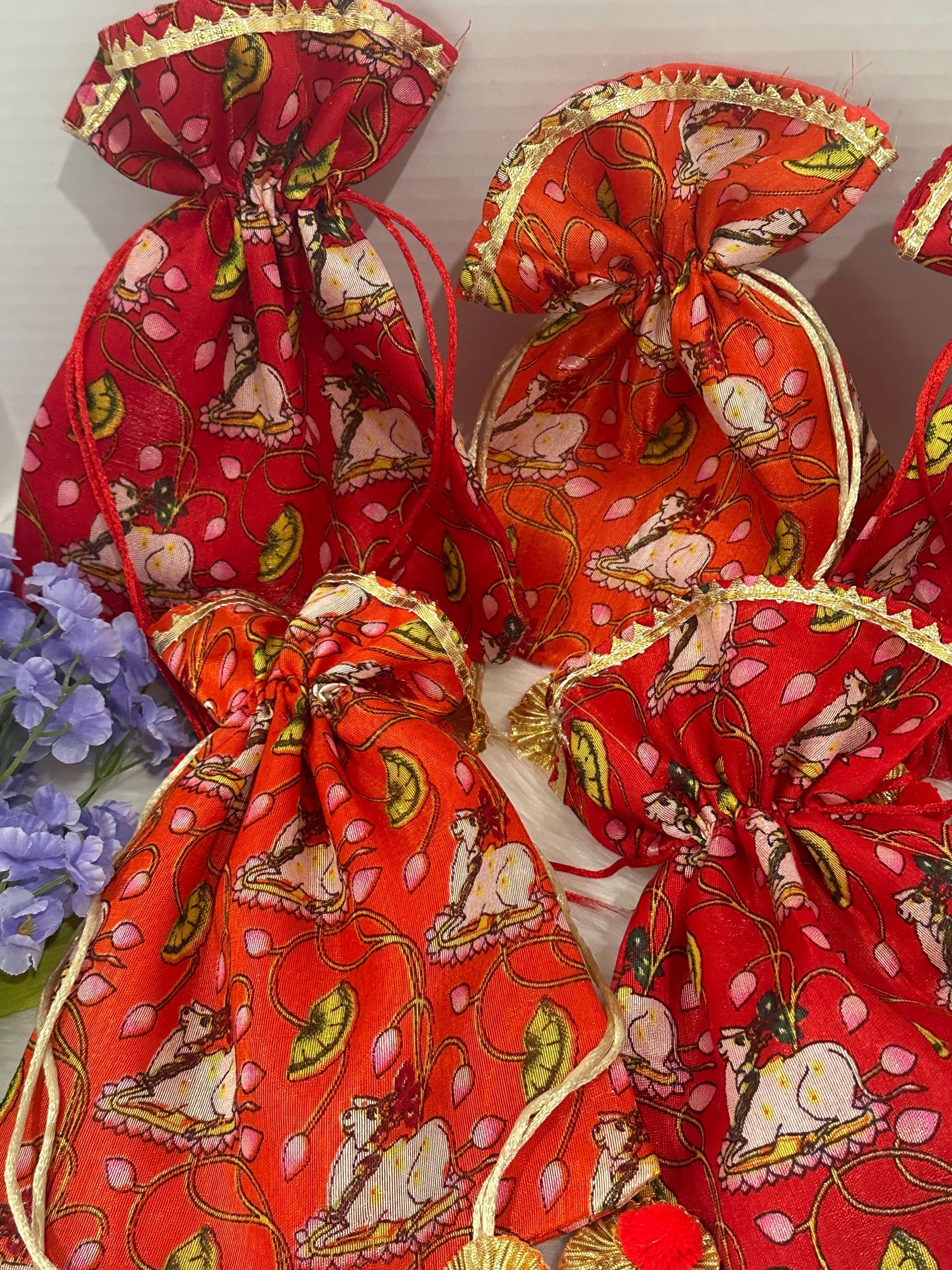 Pichwai Design Potli Bags | Pack of 5 Festive Wedding Thamboolam Bags — view 5
