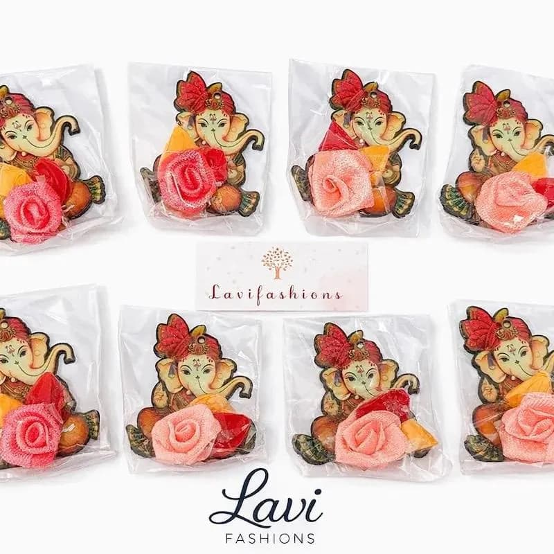 Ganesha Door Hanger Return Gift Set USA | Metal Door Hanger + Potli Bag + Haldi Kumkum | Indian Wedding Thamboolam Favor Bulk — view 3