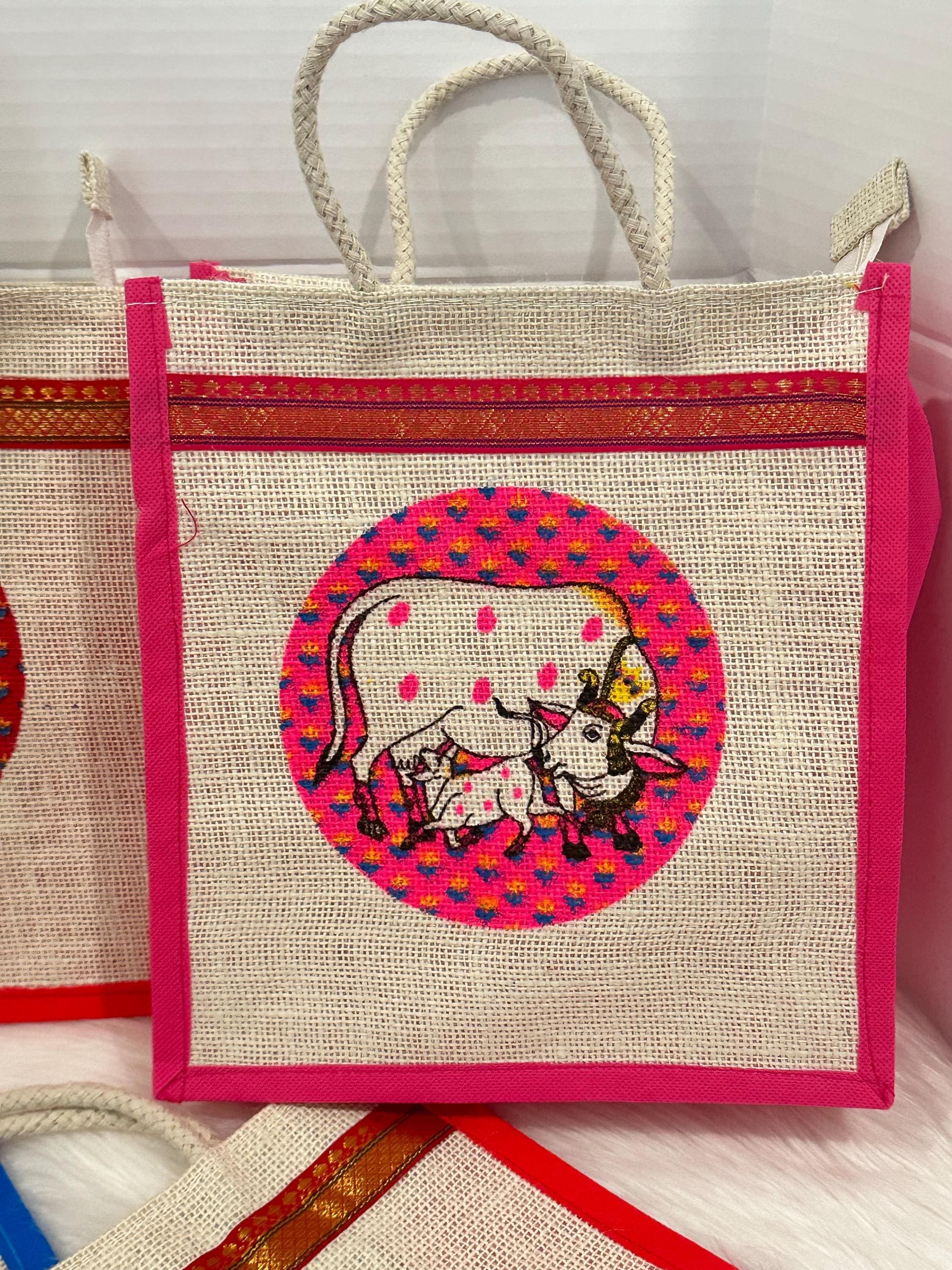 PREORDER: Pichwai Cow Design Jute Thamboolam Bag Pack Of 10 | Perfect for Weddings,Housewarming, Handbags Gift Bags — view 4