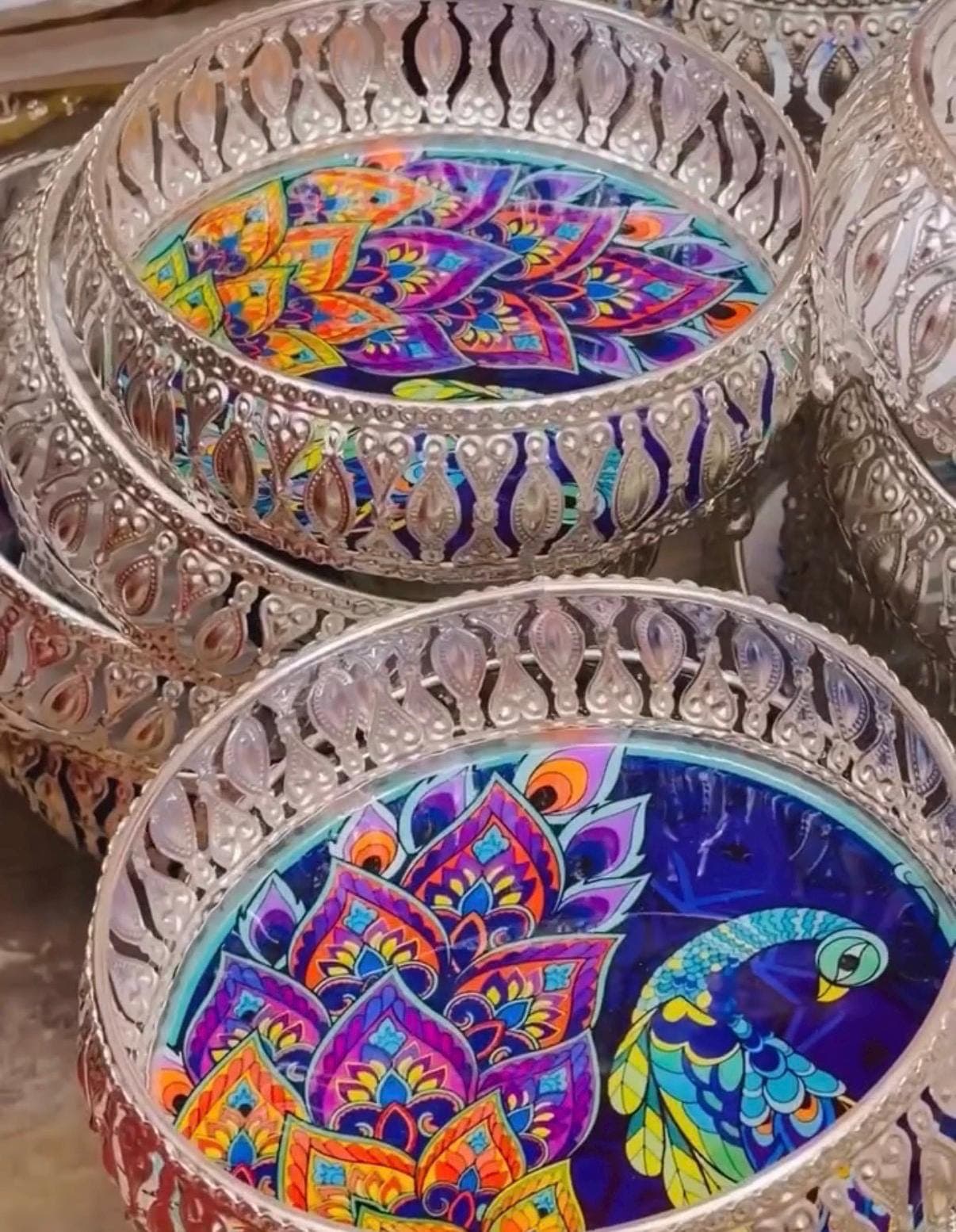 6” German Silver Pichwai Tray – Cow & Peacock Design, Indian Pooja Thali — view 9