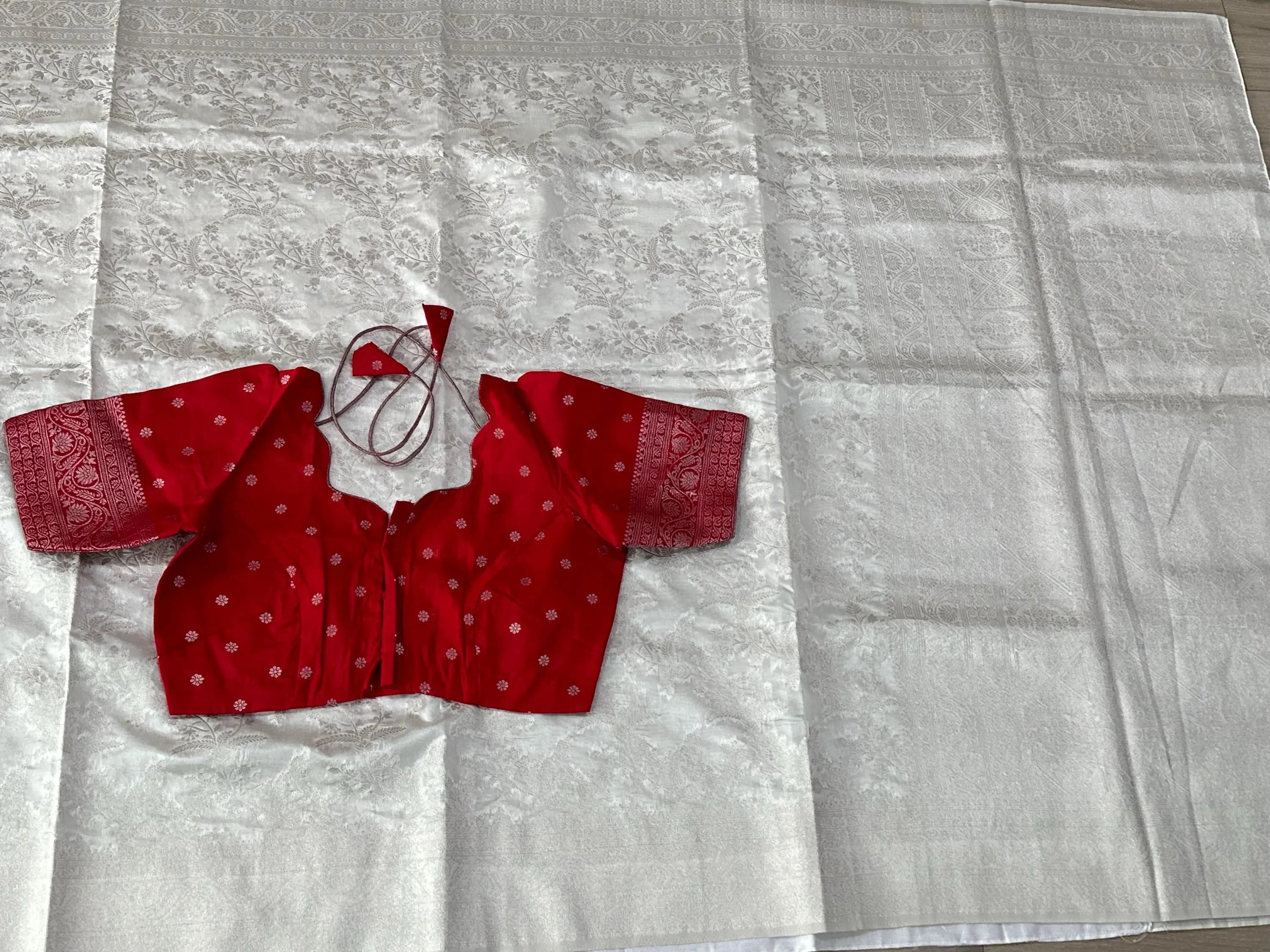 Floral Weaving Banarasi Saree | Off-White and Red, Soft Fabric — view 4
