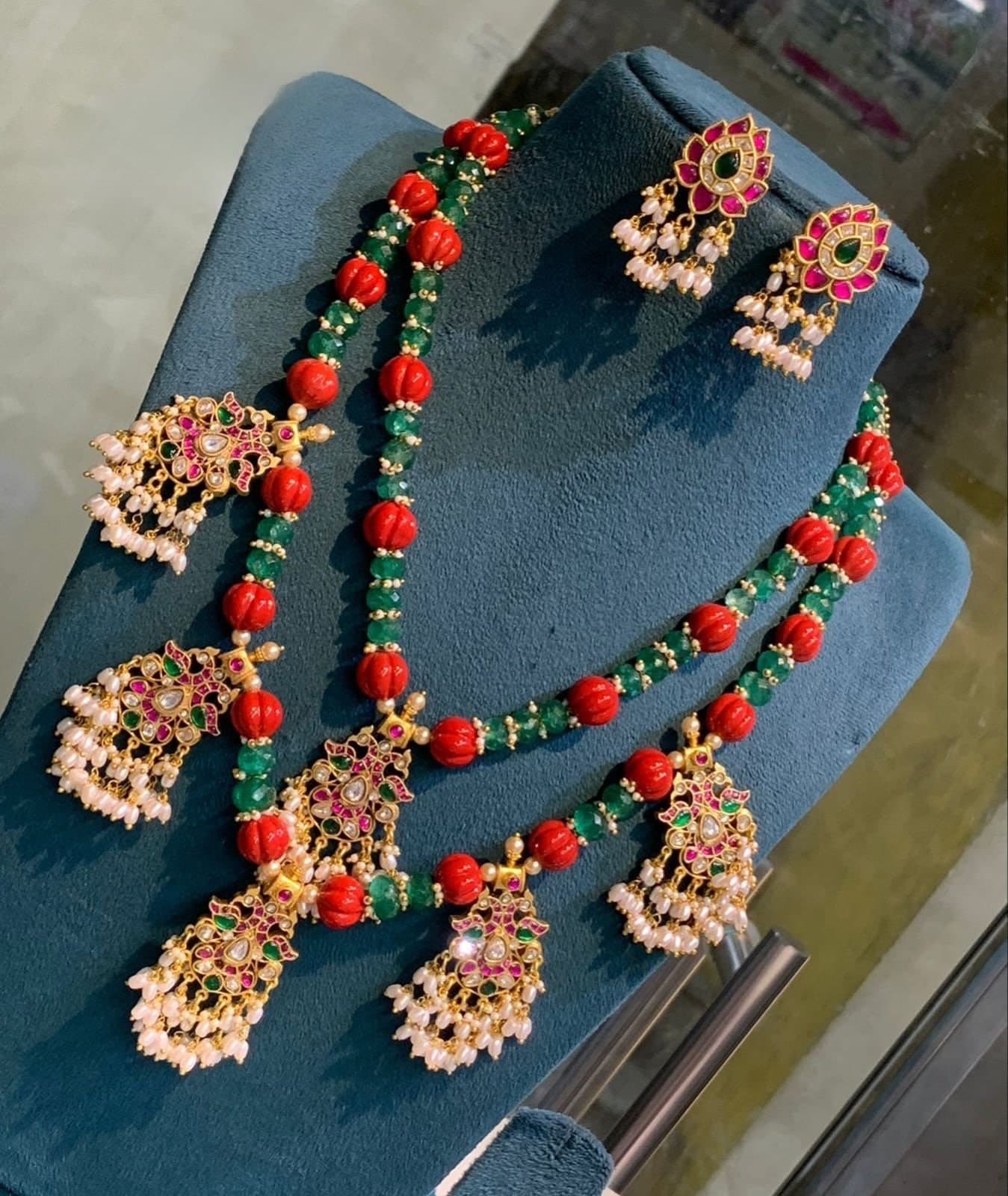 Indian Jewelry Set, Red Green Beaded Necklace, Gold Plated Earrings, Bollywood Jewelry — view 3