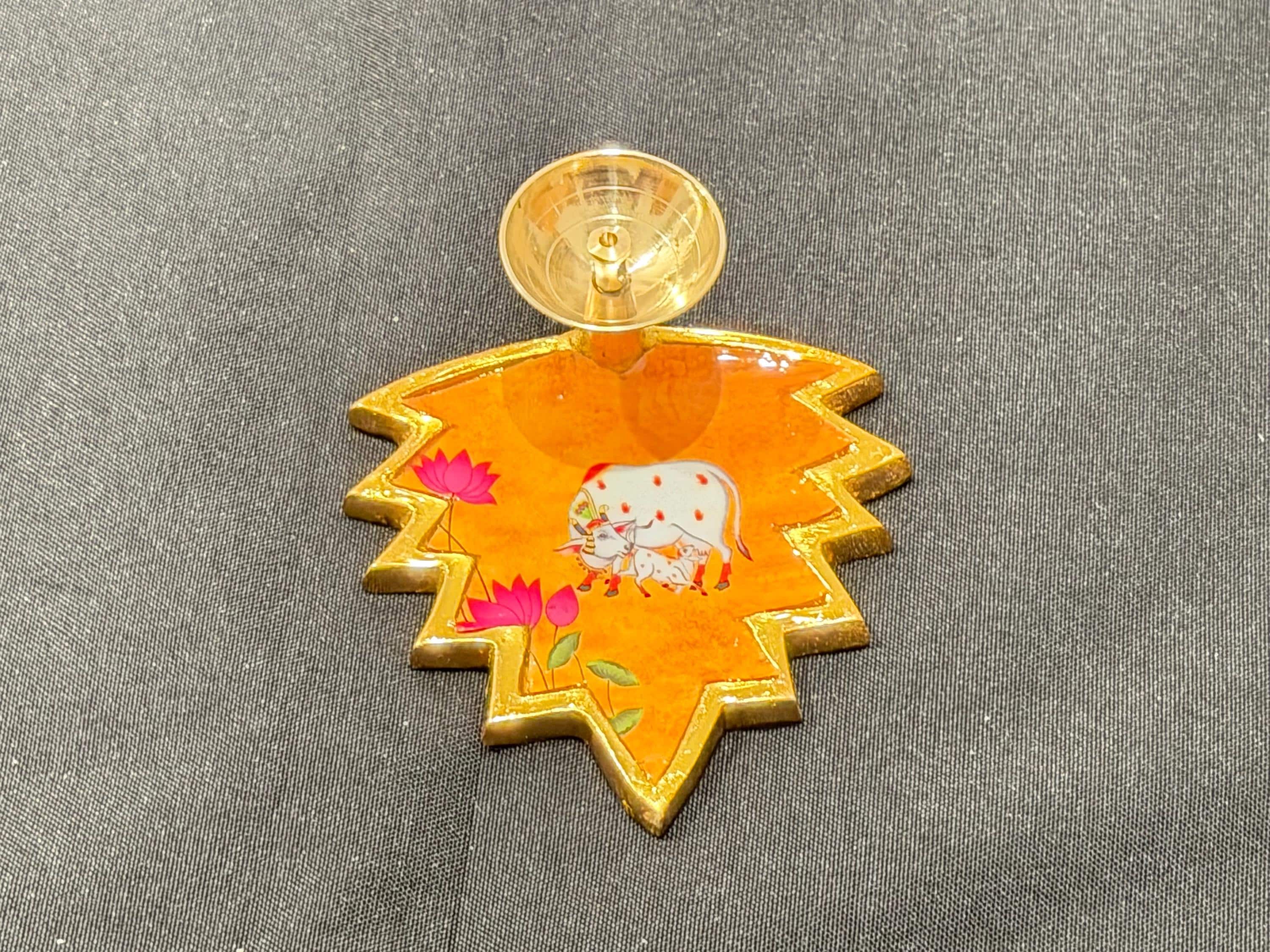 Pichwai Hand Painted Brass Diya – Cow Lotus Pooja Decor, Indian Diwali Gift — view 5