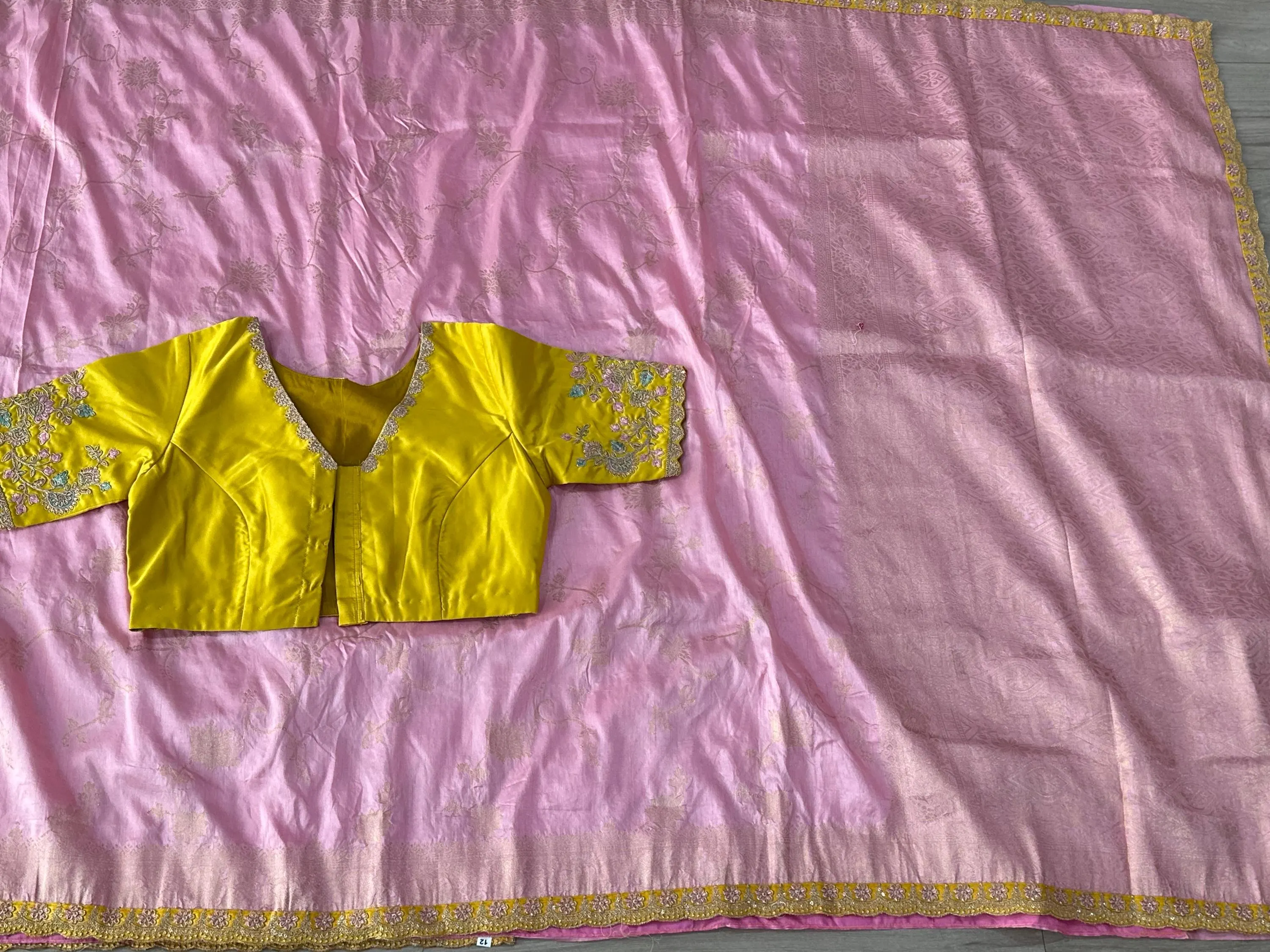 Banarasi Silk Saree with All Over Weaving | Scalloped Embroidery Border, Stitched Blouse — view 4