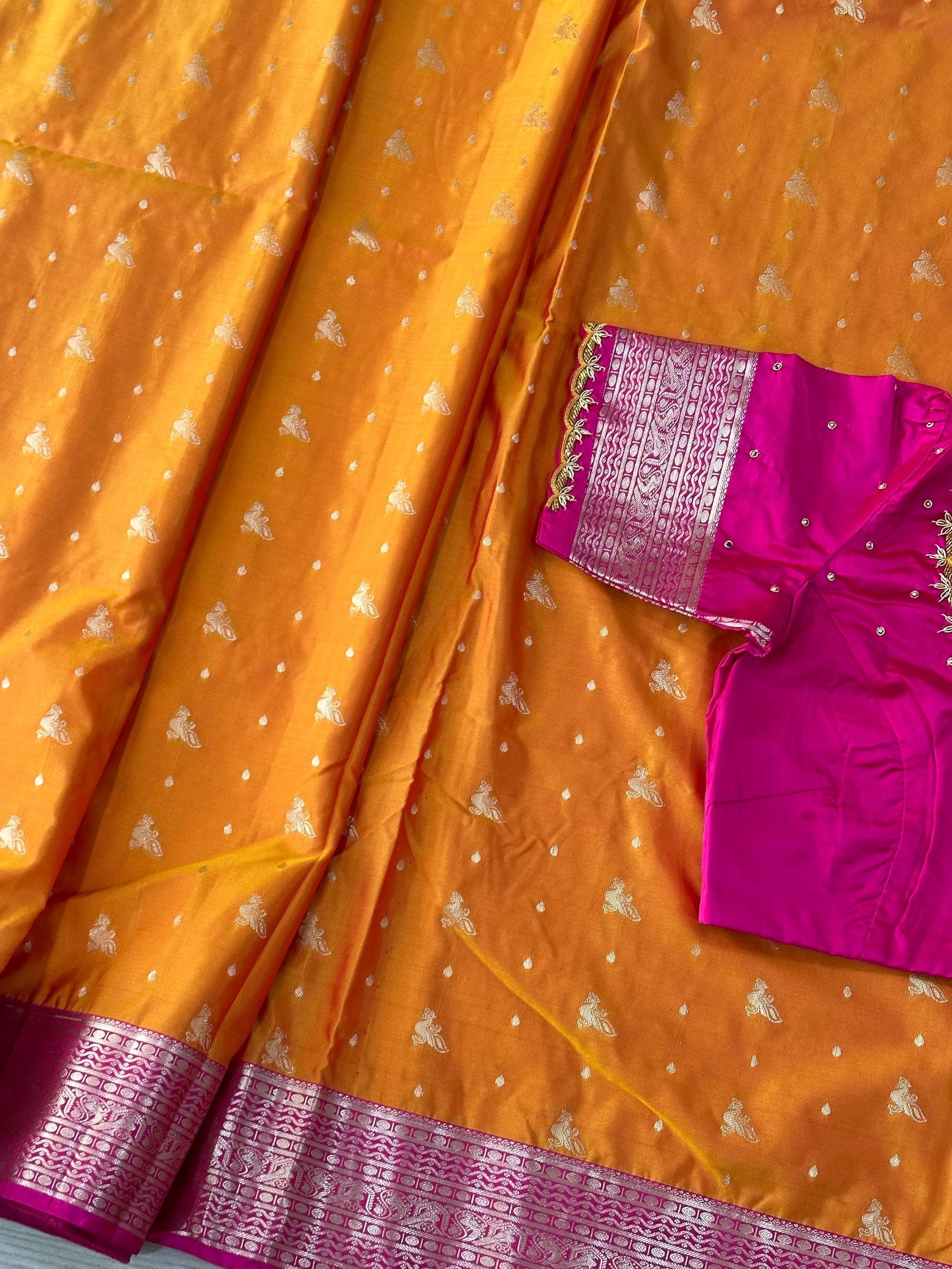 Soft Silk Semi Pattu Saree with Maggam Work Stitched Blouse | Ready to Wear Saree Set | Indian Wedding, Party, Festive Wear — view 5