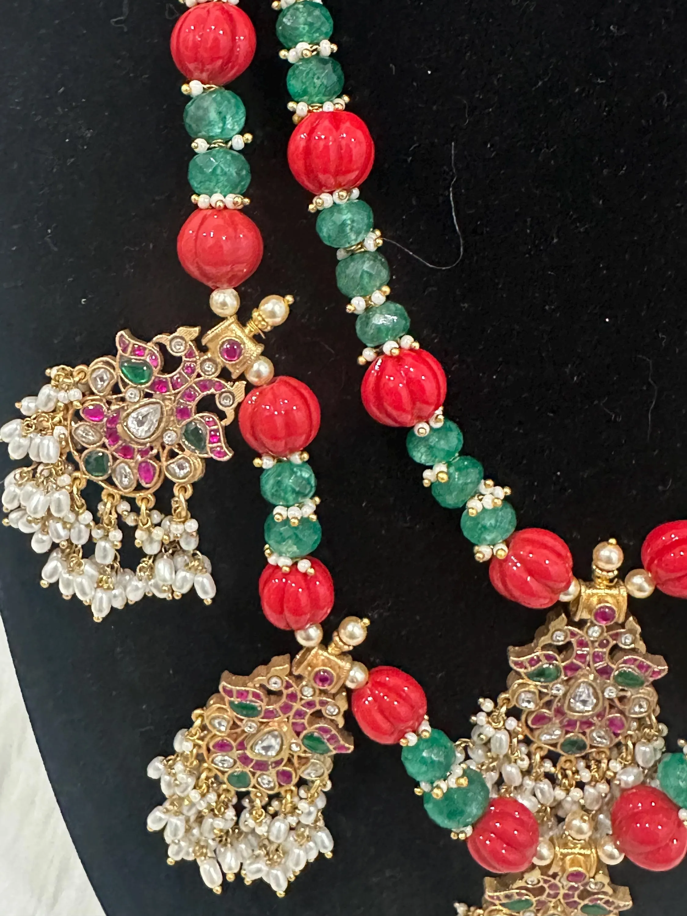 Indian Jewelry Set, Red Green Beaded Necklace, Gold Plated Earrings, Bollywood Jewelry — view 7