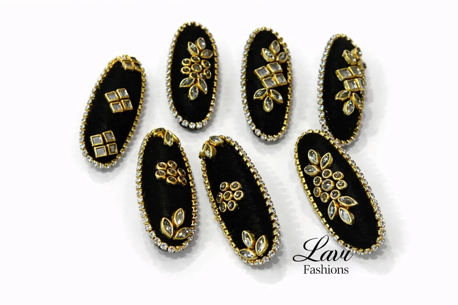 Black Silk Thread Saree Pins with Kundan Embellishments (Pack of 7) — view 1