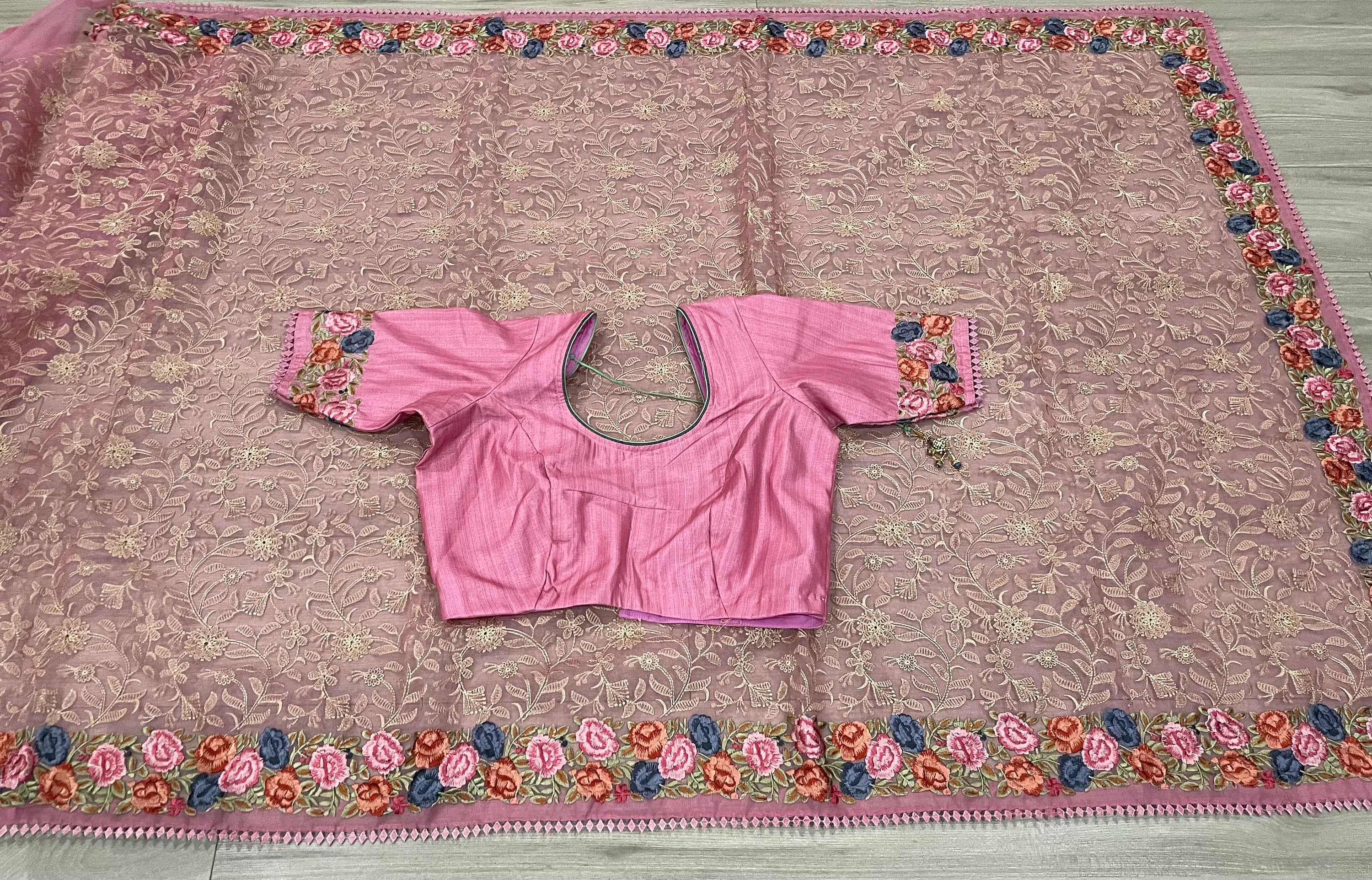 Organza Chikankari Parsi Embroidery Work Saree With Stitched Blouse — view 8