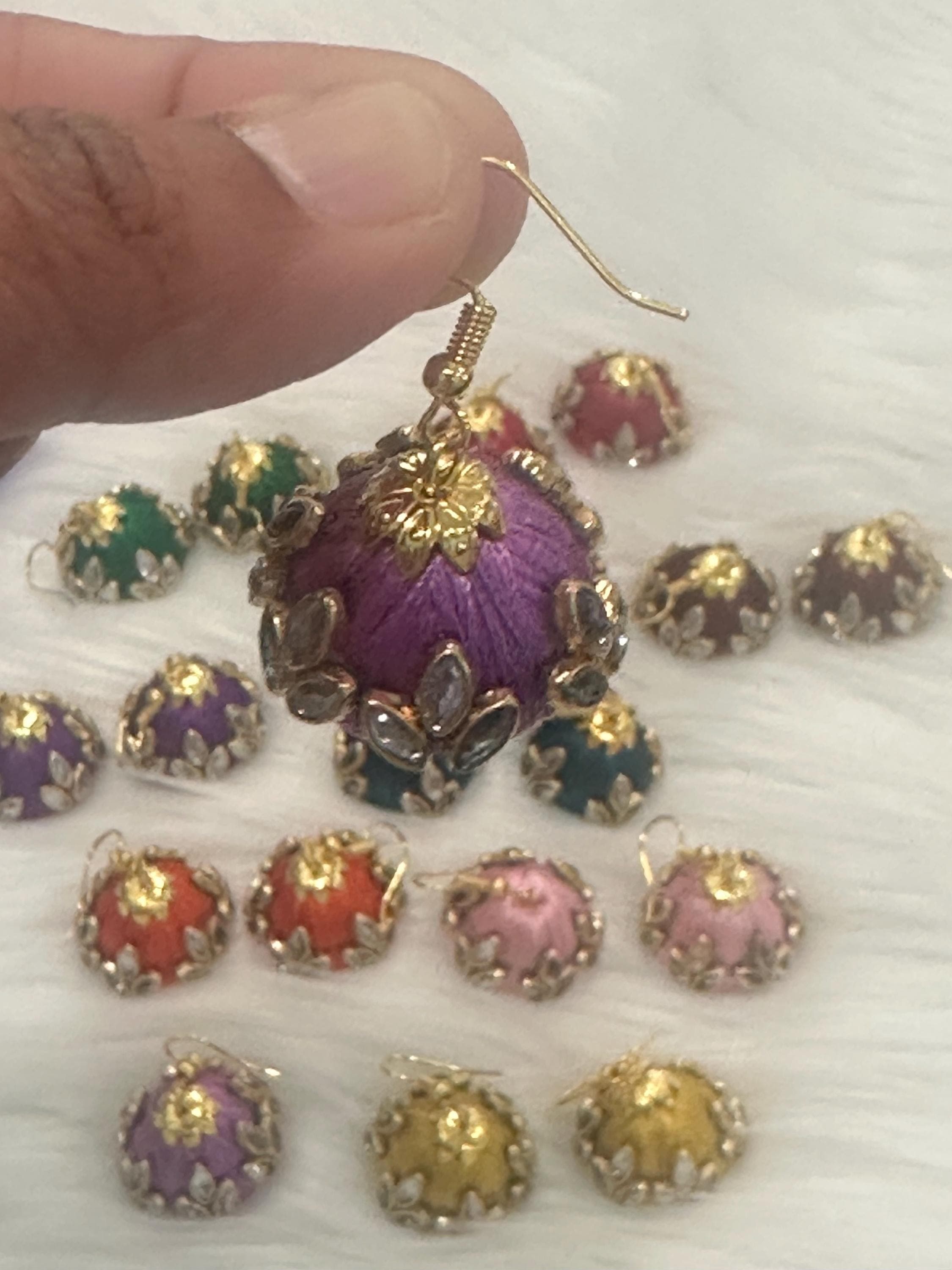 Indian Silk Thread Earrings for Women Pack Of 1 Pair/ Indian Return Gifts for Mehandi , Baby shower, Marriage, Diwali, Pooja — view 3