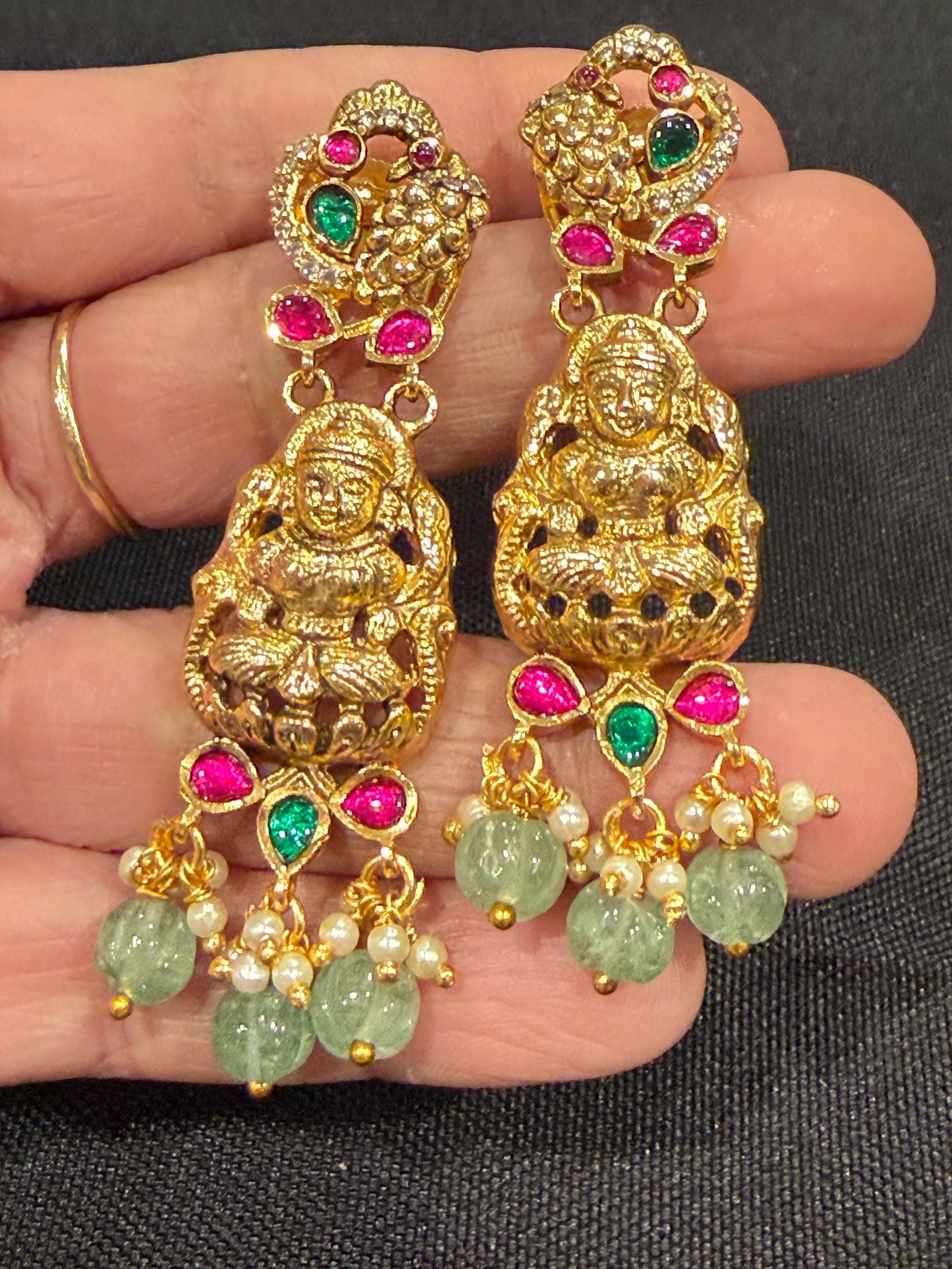 Lakshmi Jadau Kundan Earrings | Temple Jewelry with Pearl Drops — view 7
