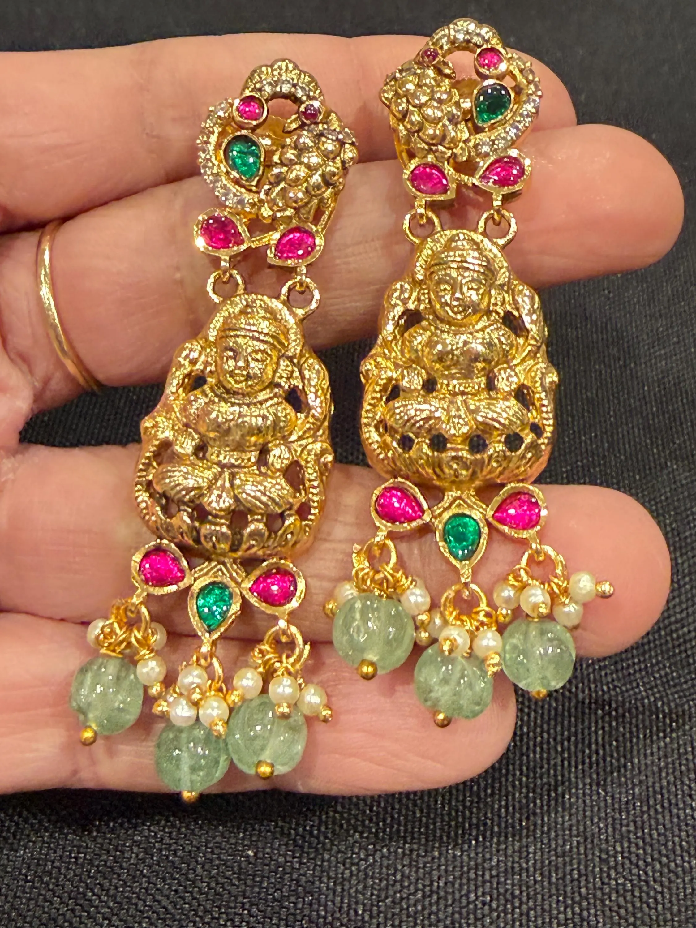 Lakshmi Jadau Kundan Earrings | Temple Jewelry with Pearl Drops — view 7