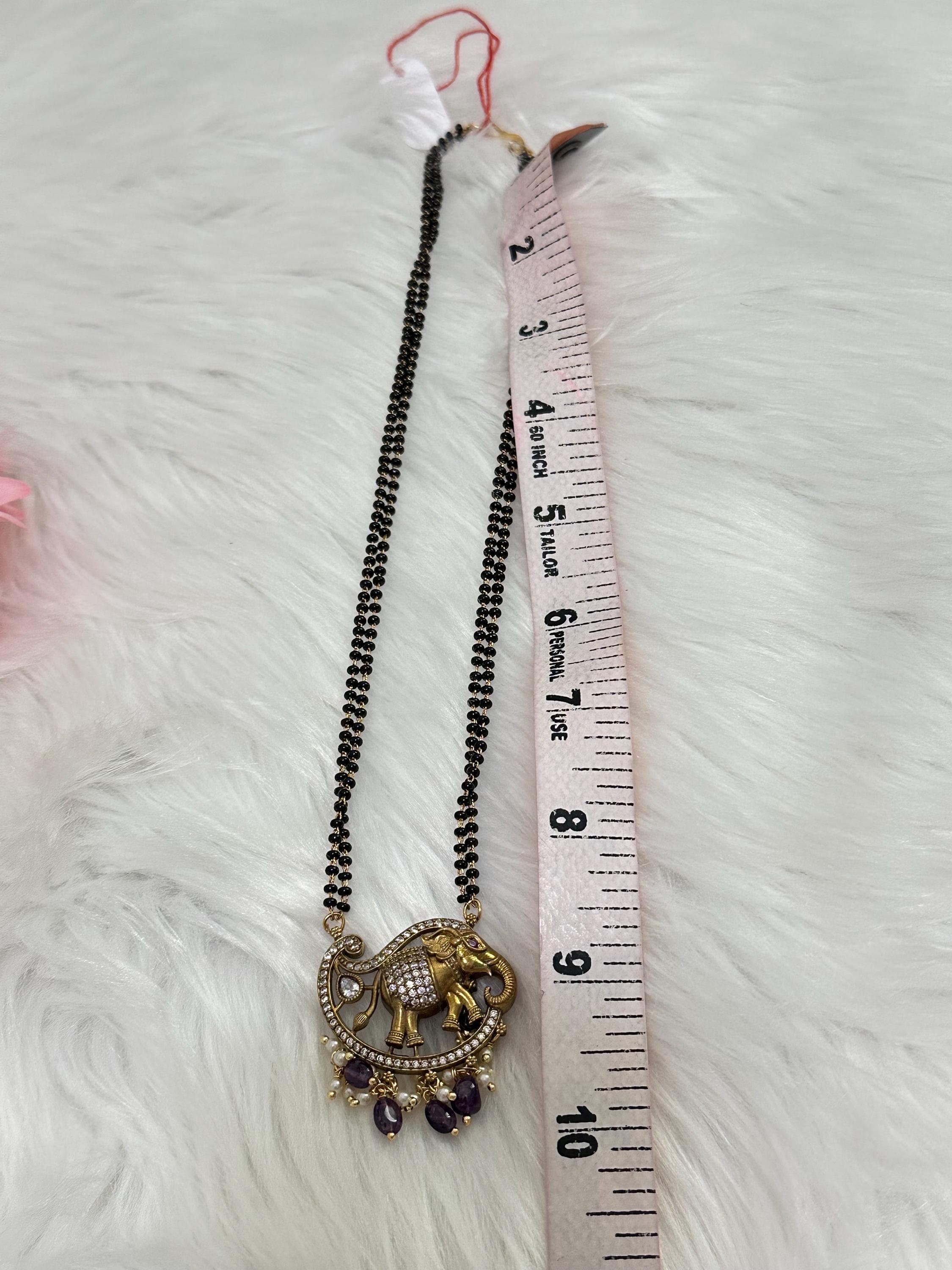 Elephant Black Beads Mangalsutra | Traditional Hindu Necklace with Purple Beads — view 4