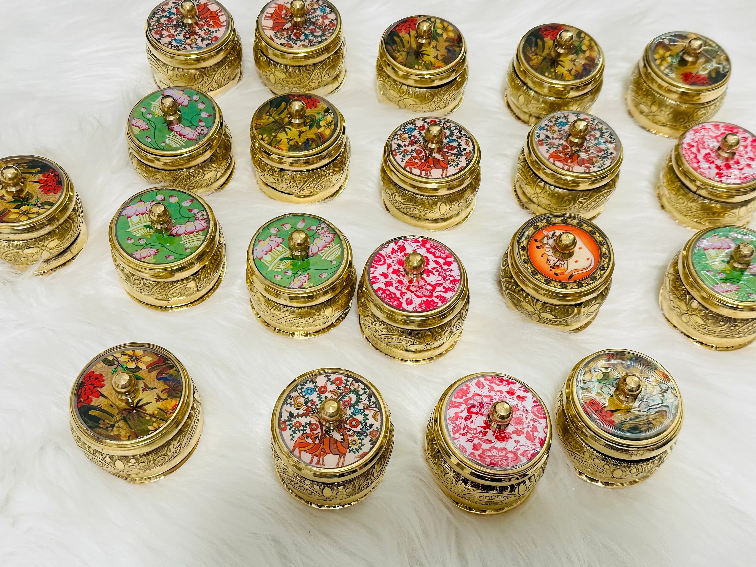 Brass Kumkum Dibbi Set | Traditional Indian Baby Shower Pooja Gifts (Pack of 10) — view 3