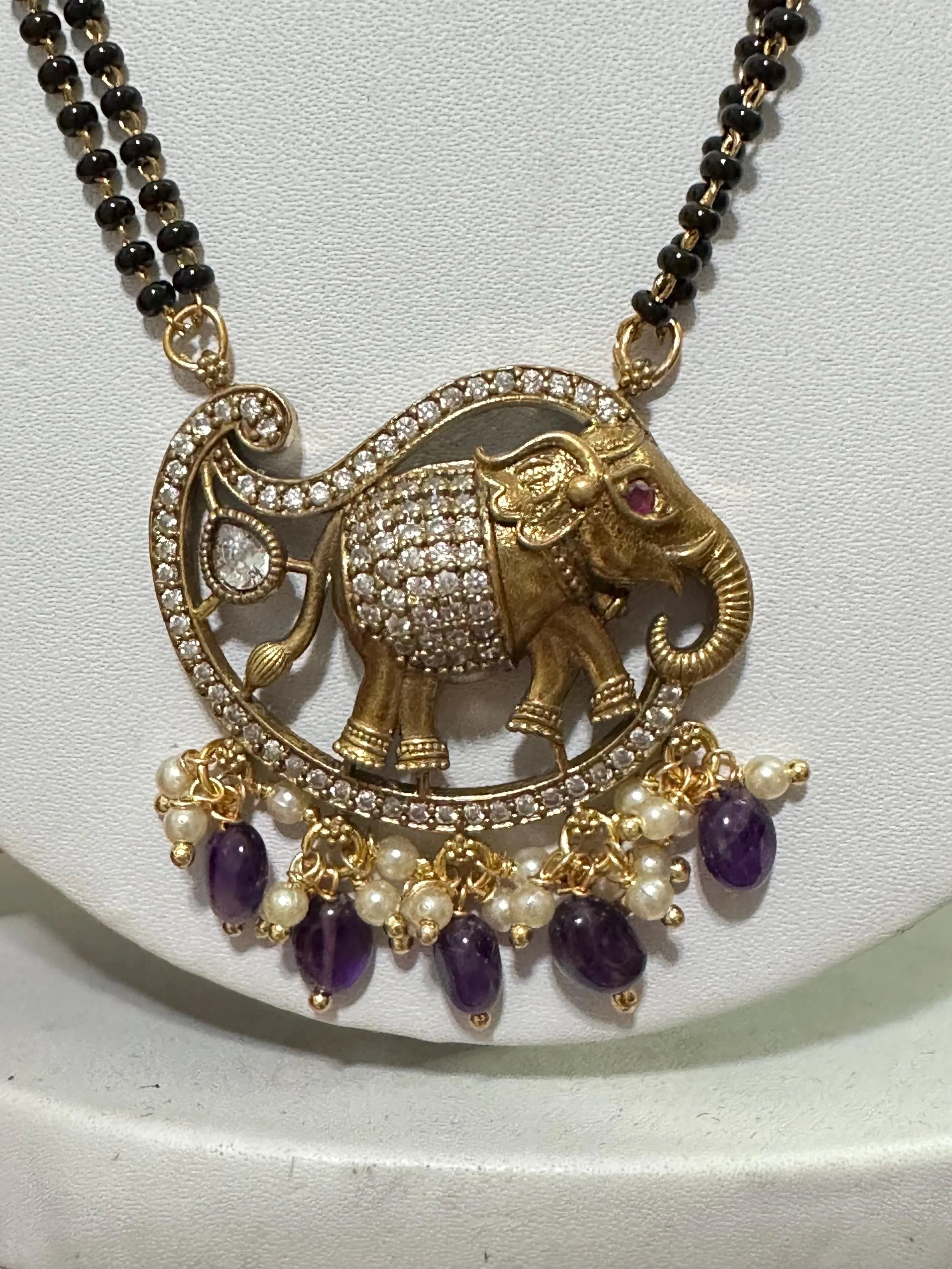 Elephant Black Beads Mangalsutra | Traditional Hindu Necklace with Purple Beads — view 8