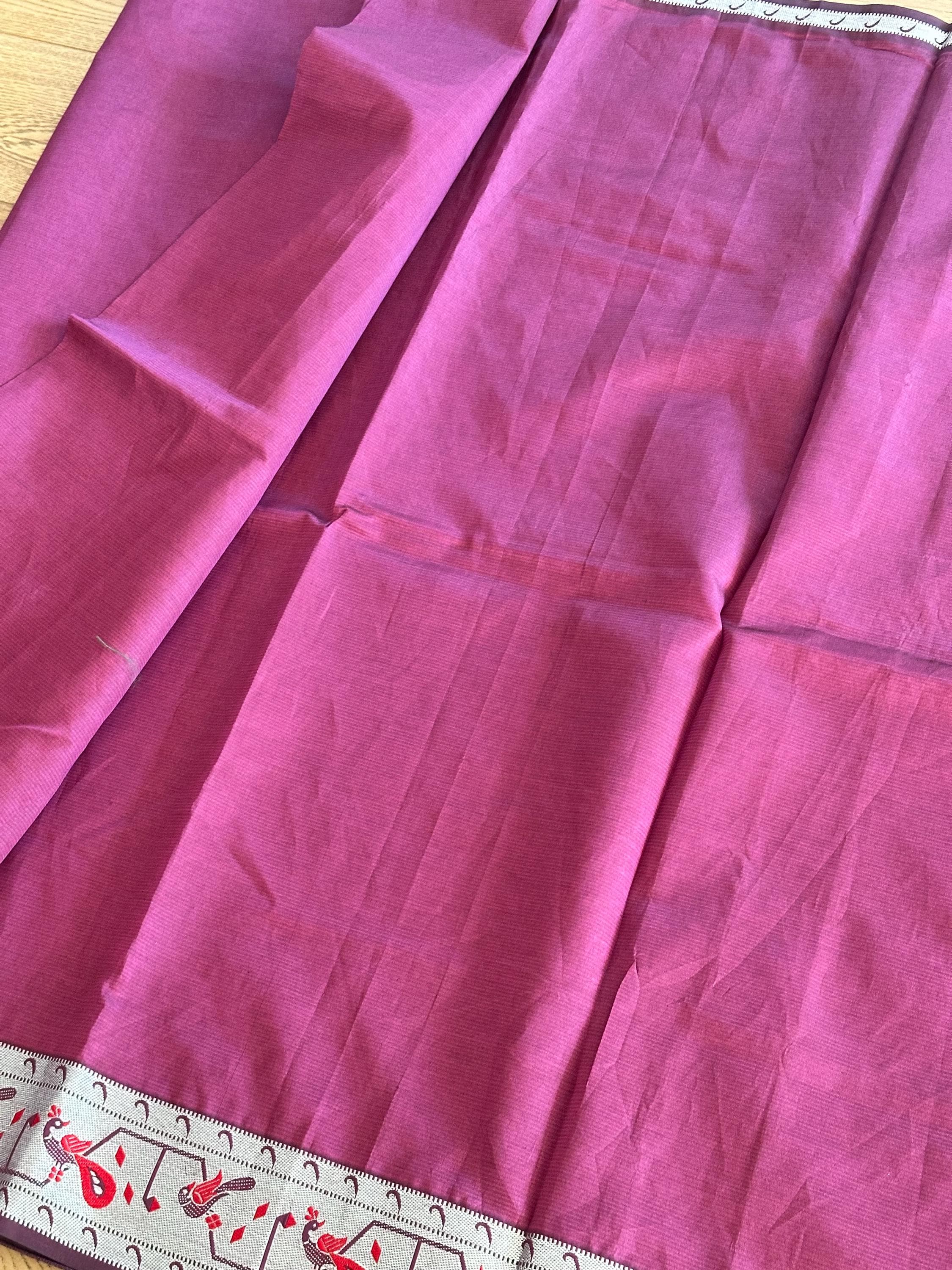 Pure Mangalagiri Handloom Silk Saree | Silver Zari Peacock Border, Blouse Piece — view 3