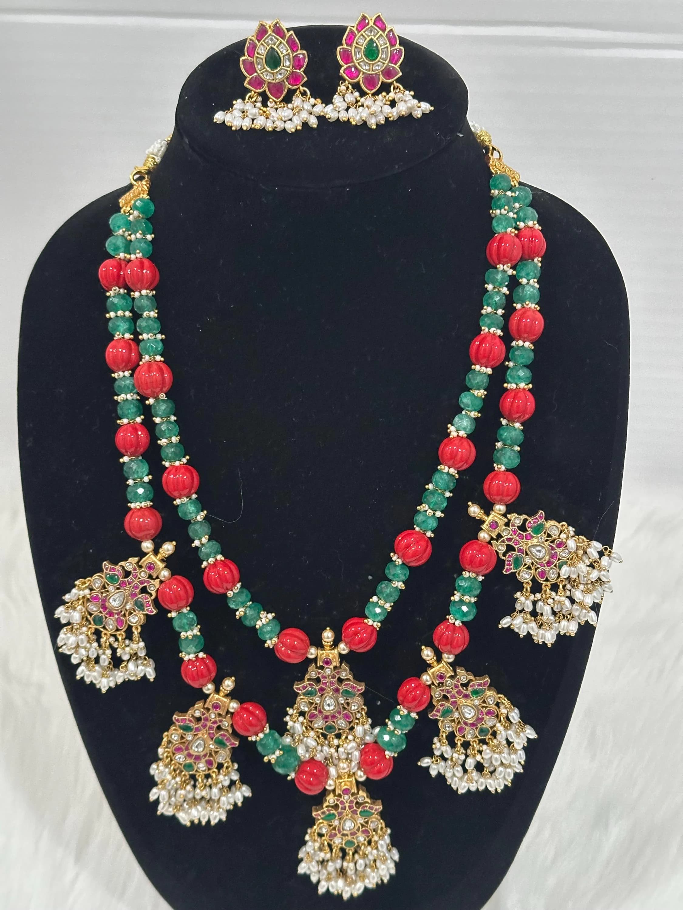 Indian Jewelry Set, Red Green Beaded Necklace, Gold Plated Earrings, Bollywood Jewelry — view 2