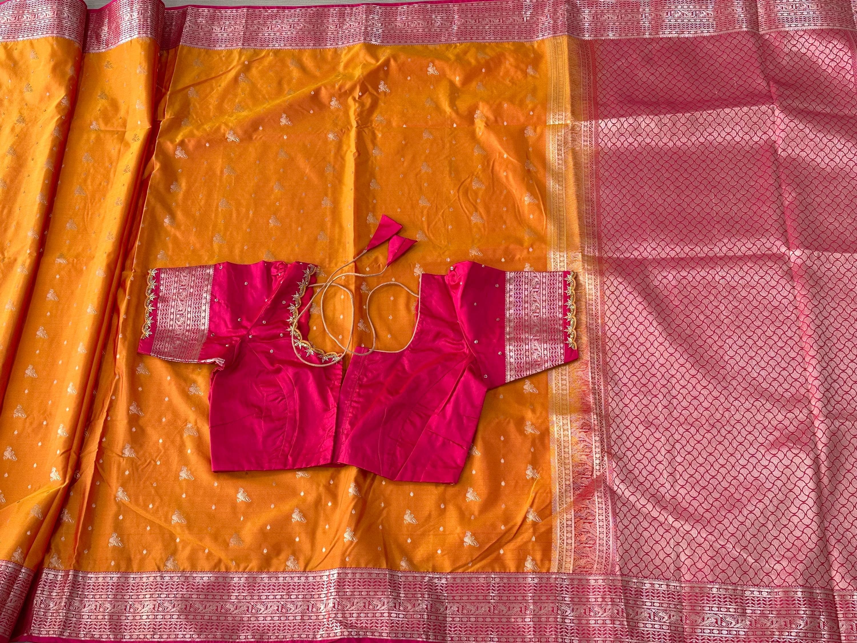 Soft Silk Semi Pattu Saree with Maggam Work Stitched Blouse | Ready to Wear Saree Set | Indian Wedding, Party, Festive Wear — view 7