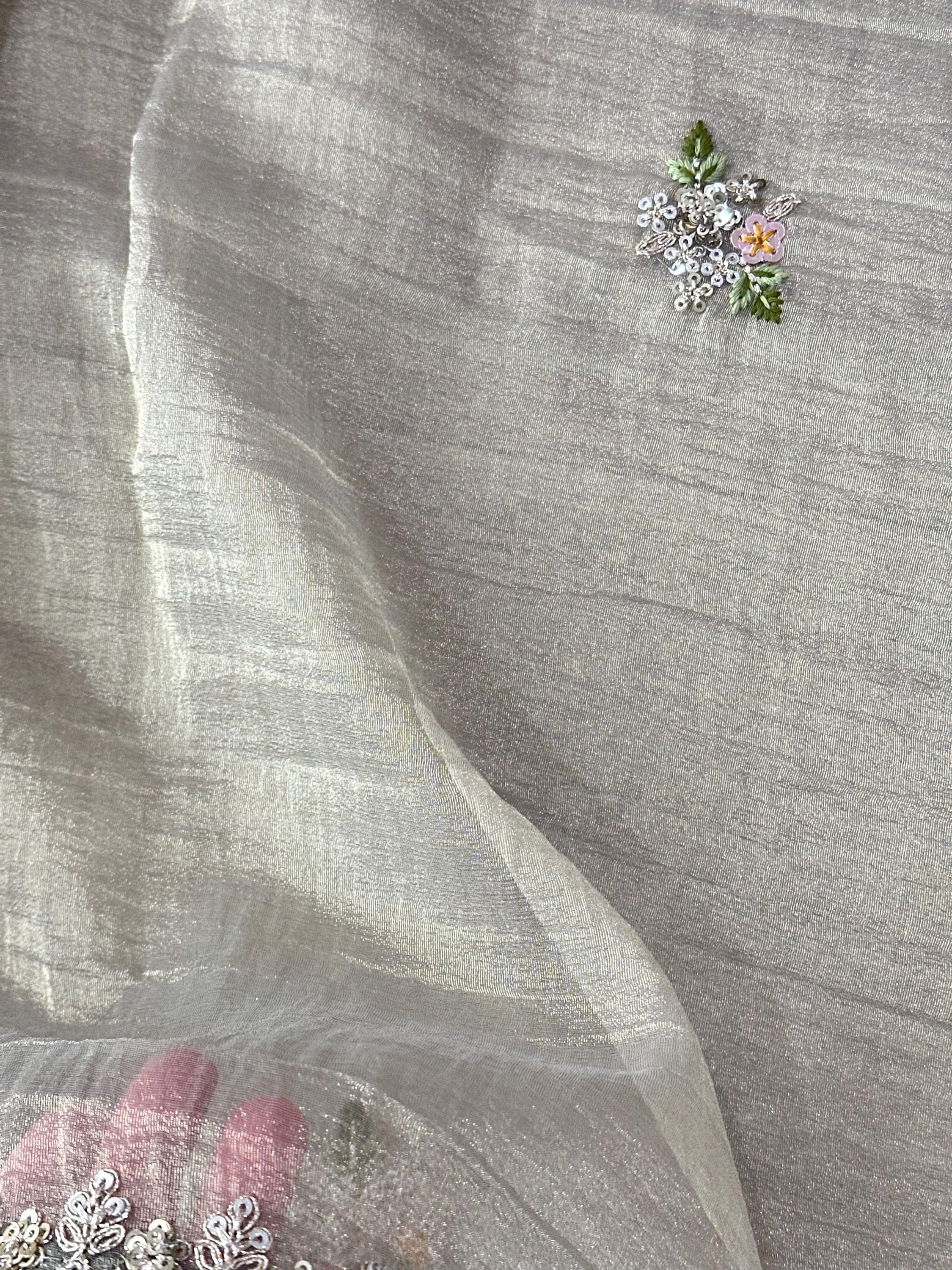 Tissue Saree with Coding Work Motifs and Scalloped Border | Party Wear Saree — view 9