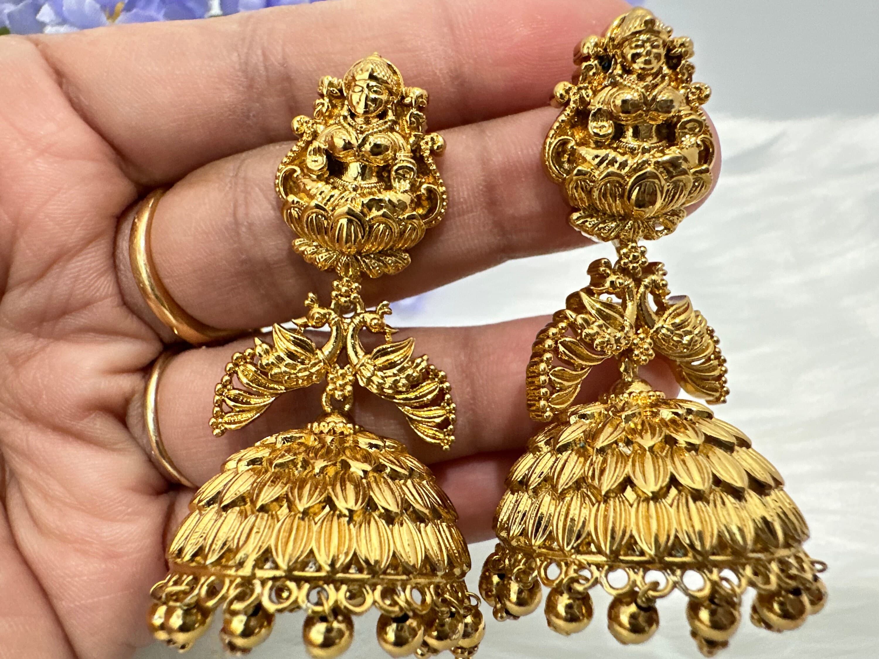 Matte gold finish laxmi design earrings — view 4