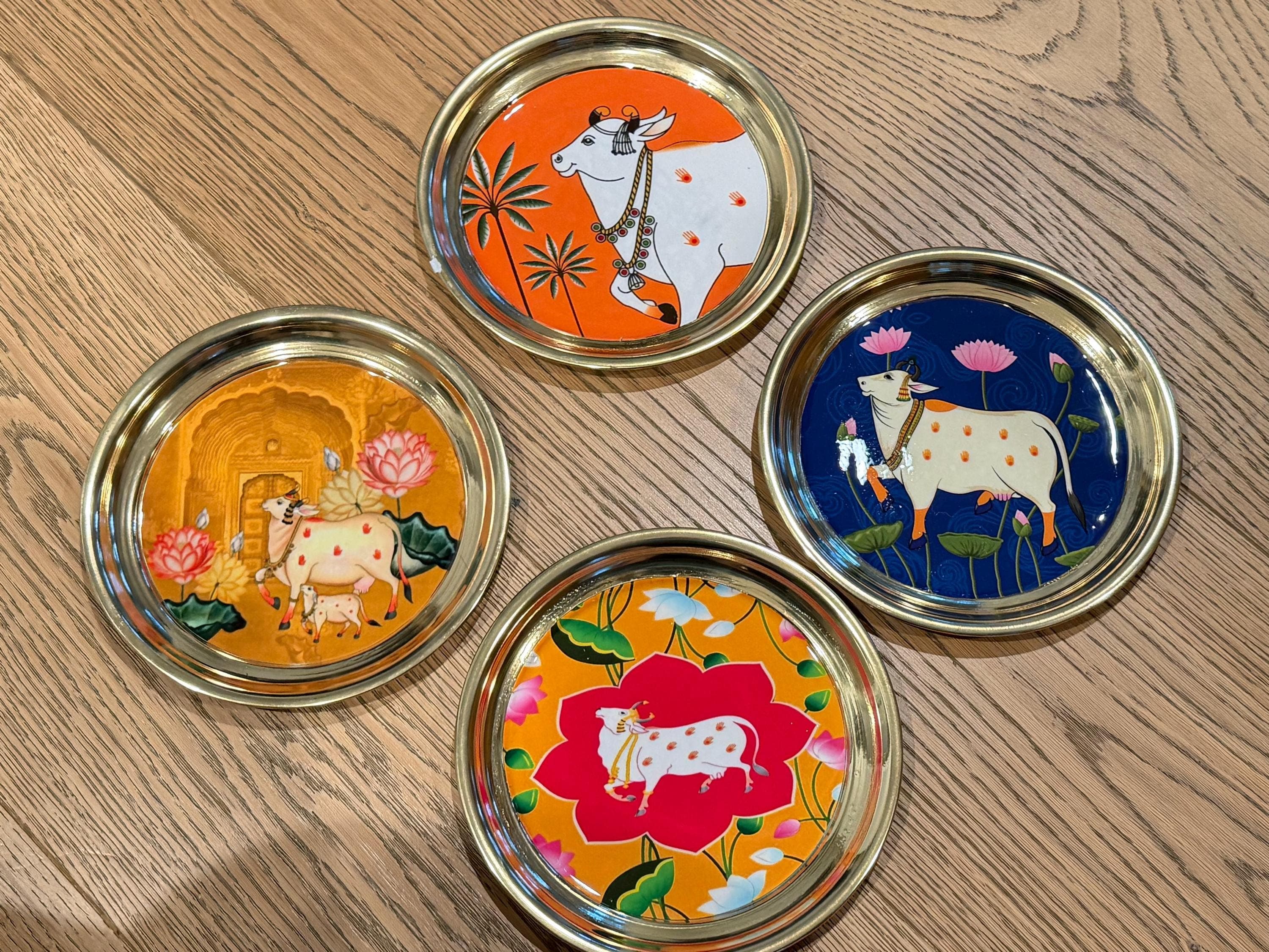 Brass Pooja Thali | Pichwai Cow Design Puja Plate | Indian Wedding Return Gift | Diwali Decor | Hindu Temple Plate — view 3