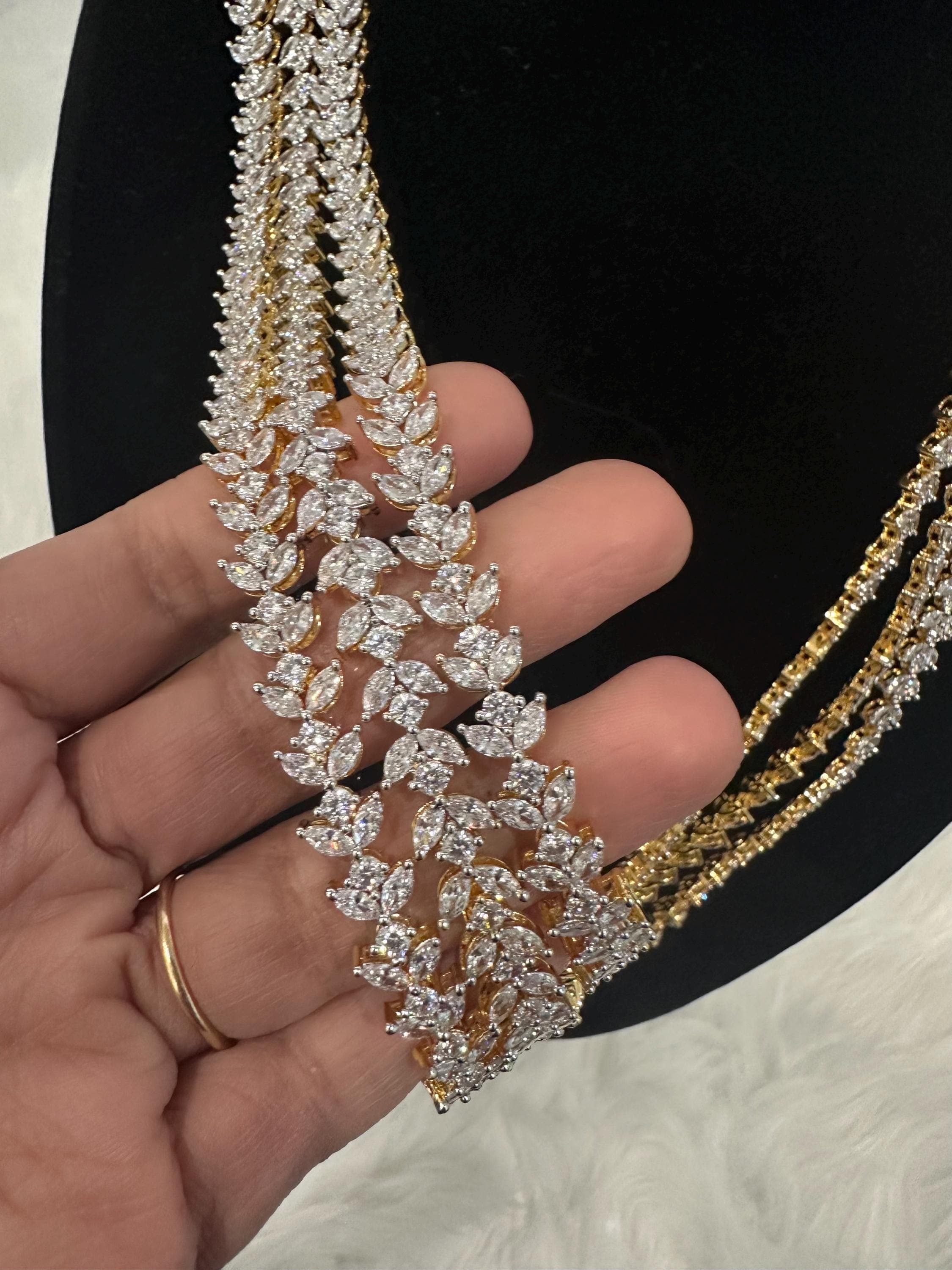 Diamond finish 3 layer haram and earrings/ earrings/ Saree jewelry/ festive/ partywear — view 8