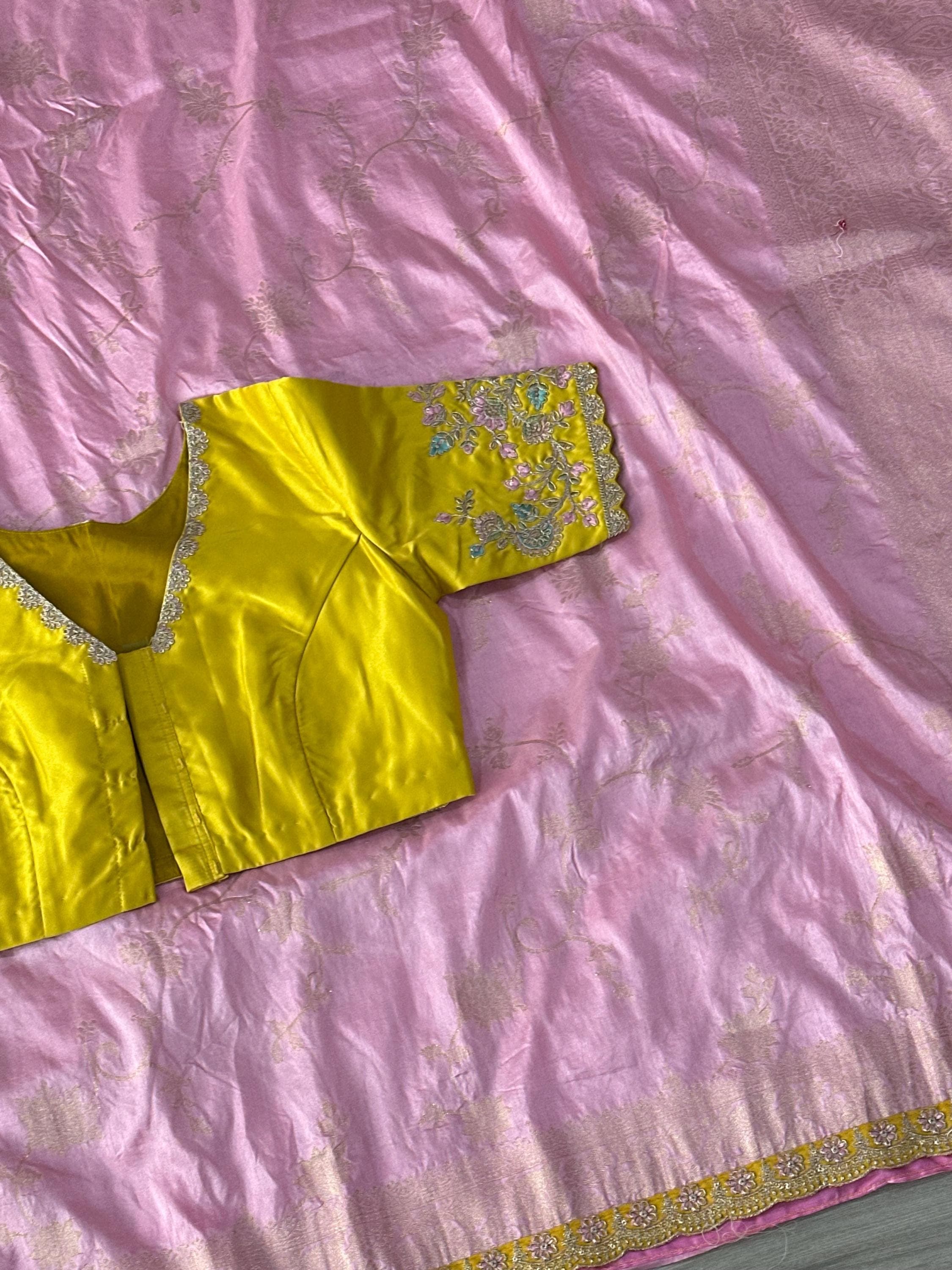Banarasi Silk Saree with All Over Weaving | Scalloped Embroidery Border, Stitched Blouse — view 7
