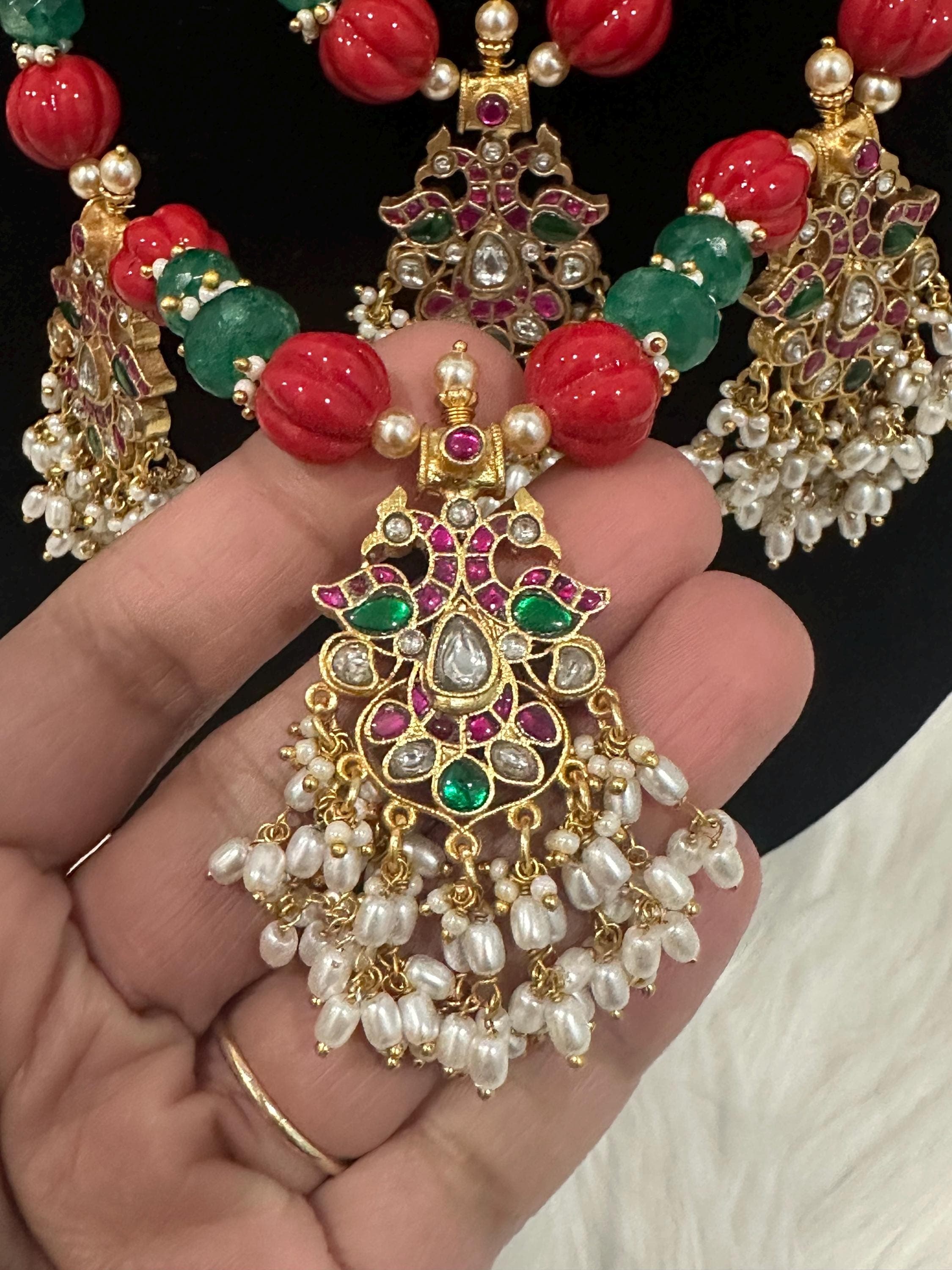 Indian Jewelry Set, Red Green Beaded Necklace, Gold Plated Earrings, Bollywood Jewelry — view 6