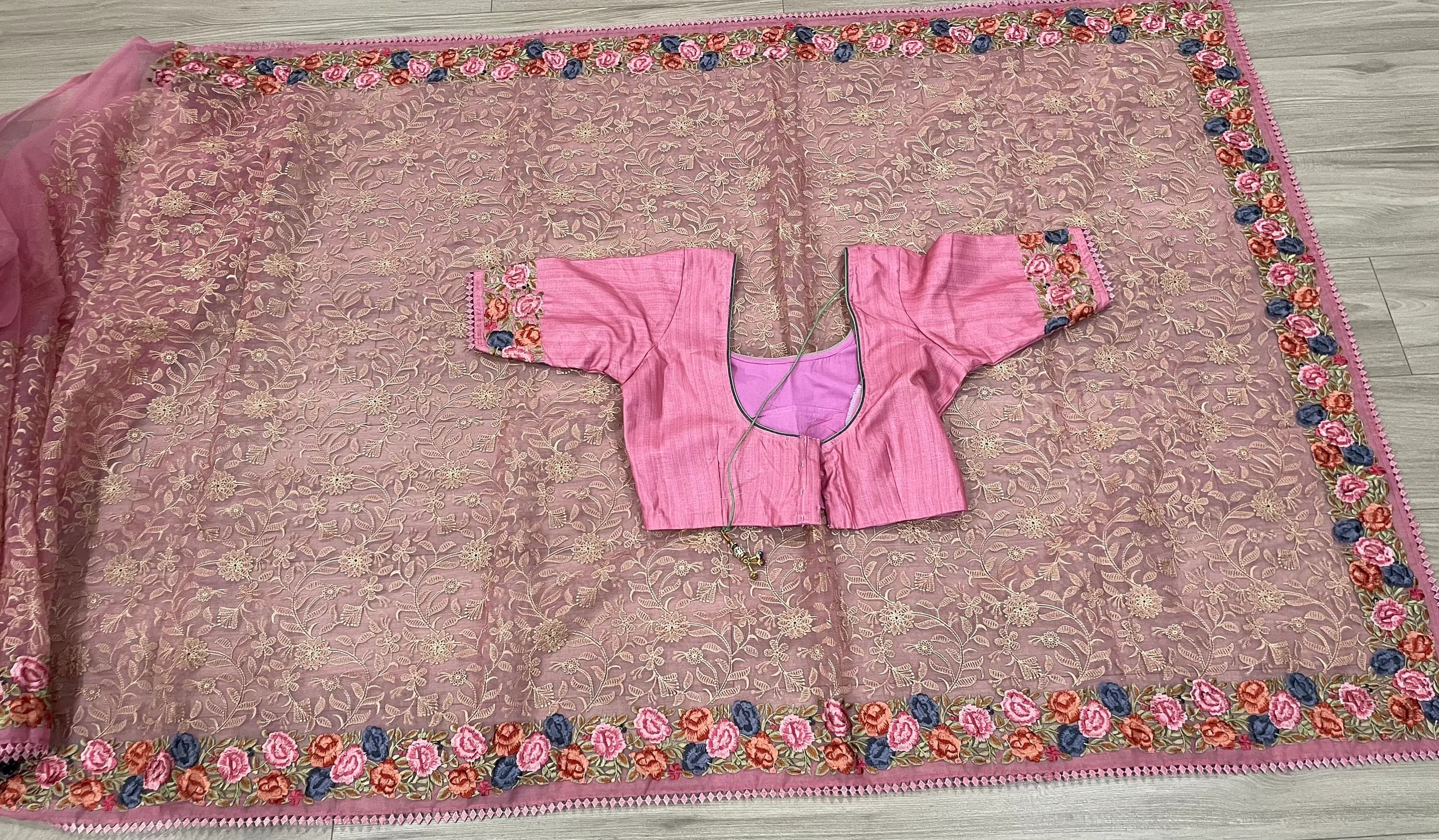 Organza Chikankari Parsi Embroidery Work Saree With Stitched Blouse — view 9