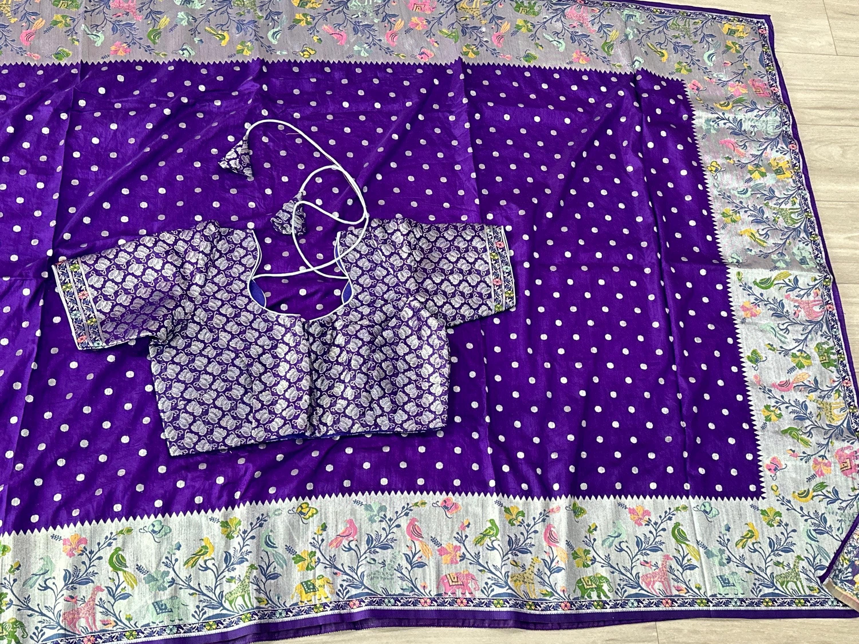 Purple Munga Crepe Saree | Paithani Border, Brocade Blouse — view 5