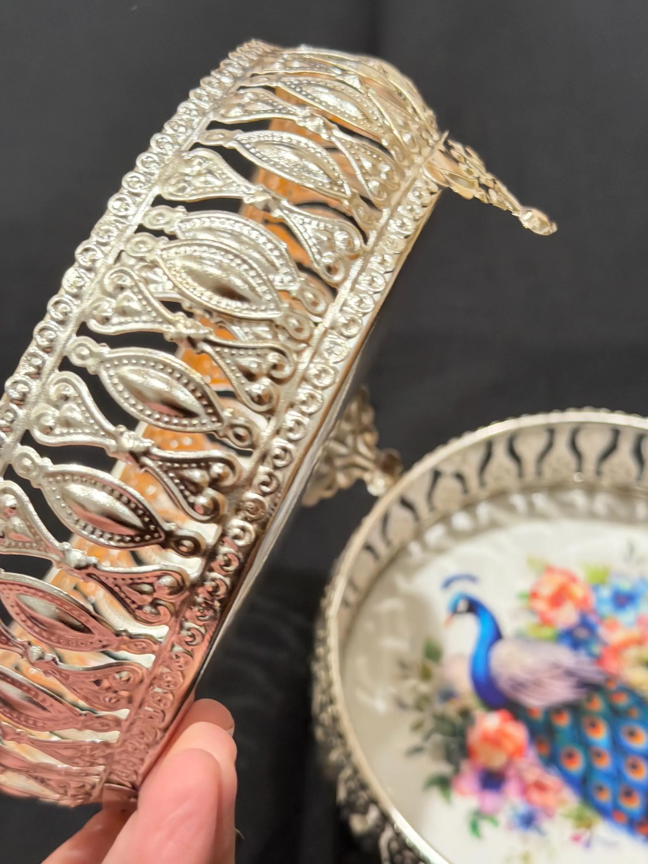 6” German Silver Pichwai Tray – Cow & Peacock Design, Indian Pooja Thali — view 3