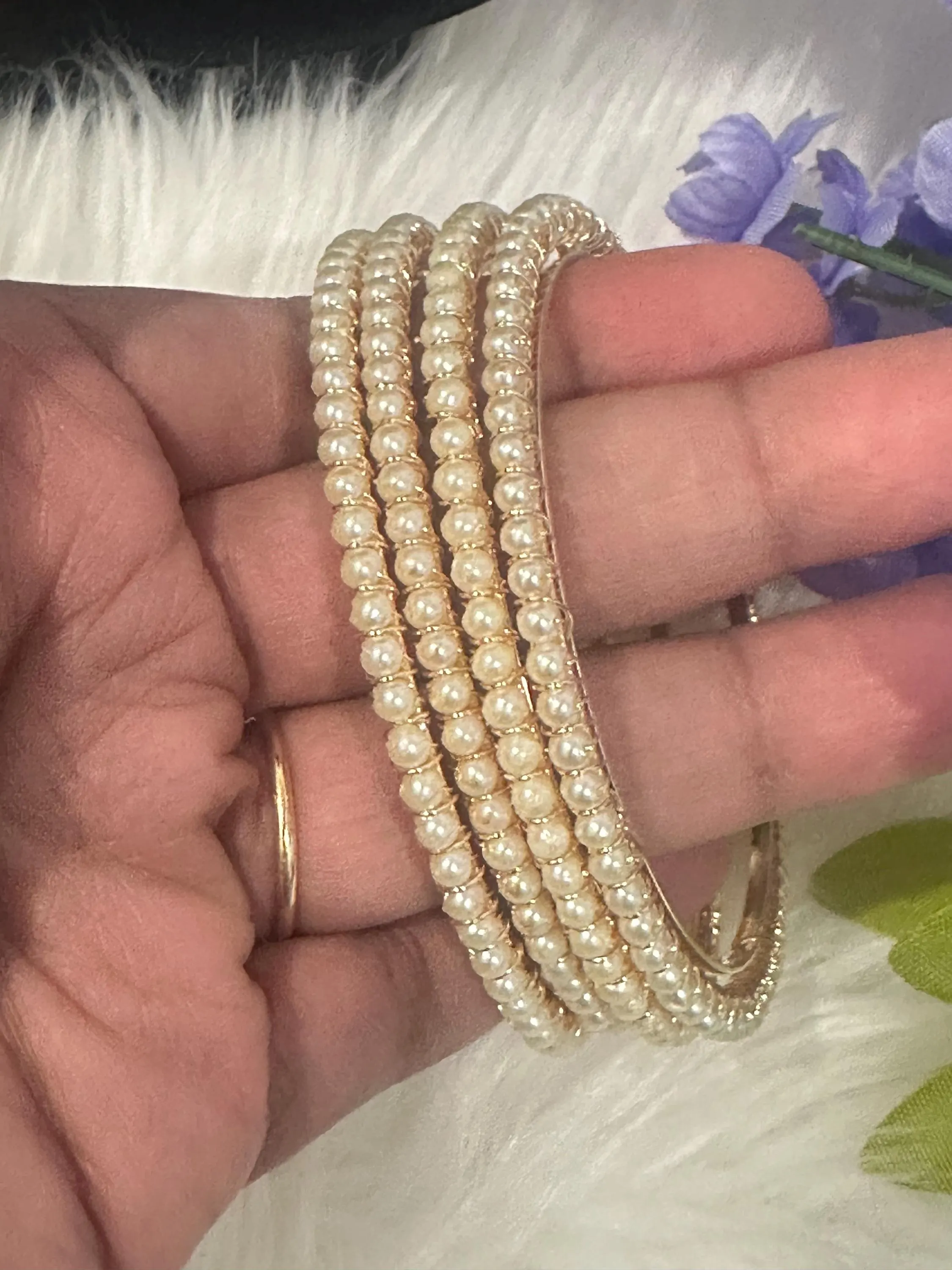 Gold Finished Shell Pearl Bangles Set (4 Pieces) – Indian Saree Jewelry — view 4