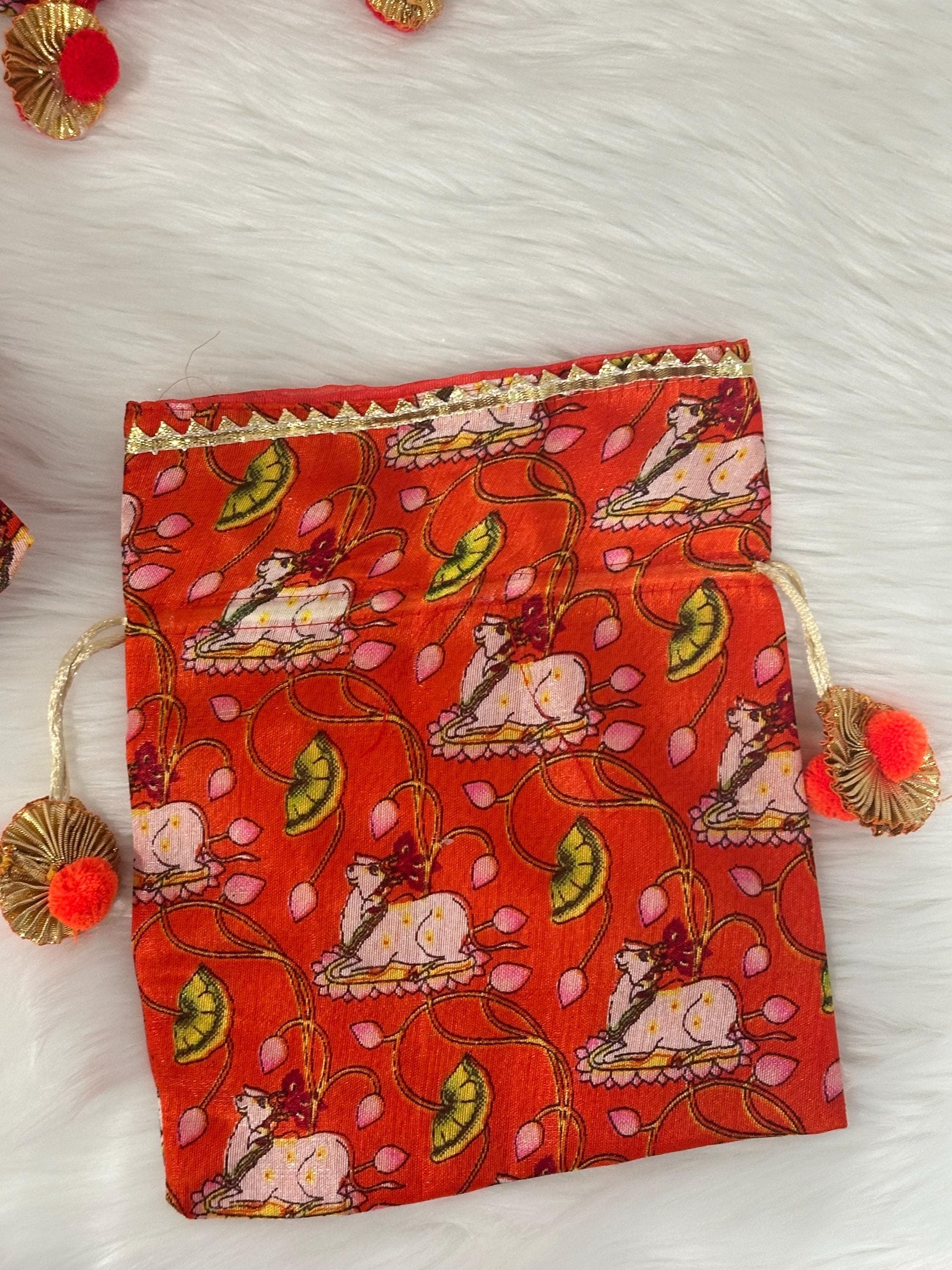 Pichwai Design Potli Bags | Pack of 5 Festive Wedding Thamboolam Bags — view 3