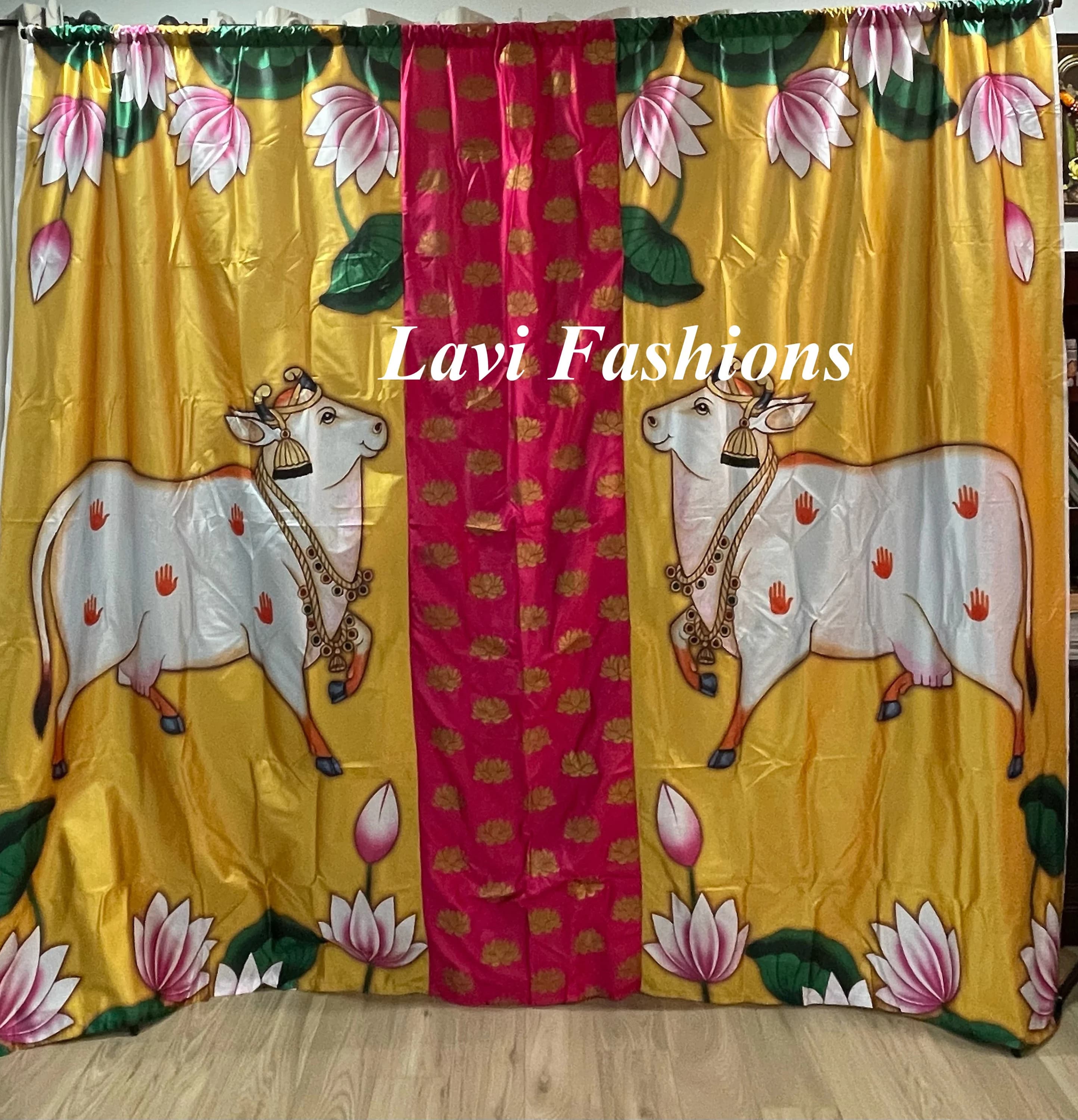 Ethnic Cow Lotus Design Back Drop Cloth – Crushed Satin Wedding Event Decor — view 1