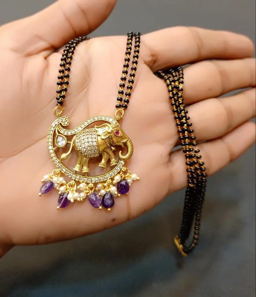Elephant Black Beads Mangalsutra | Traditional Hindu Necklace with Purple Beads — view 5