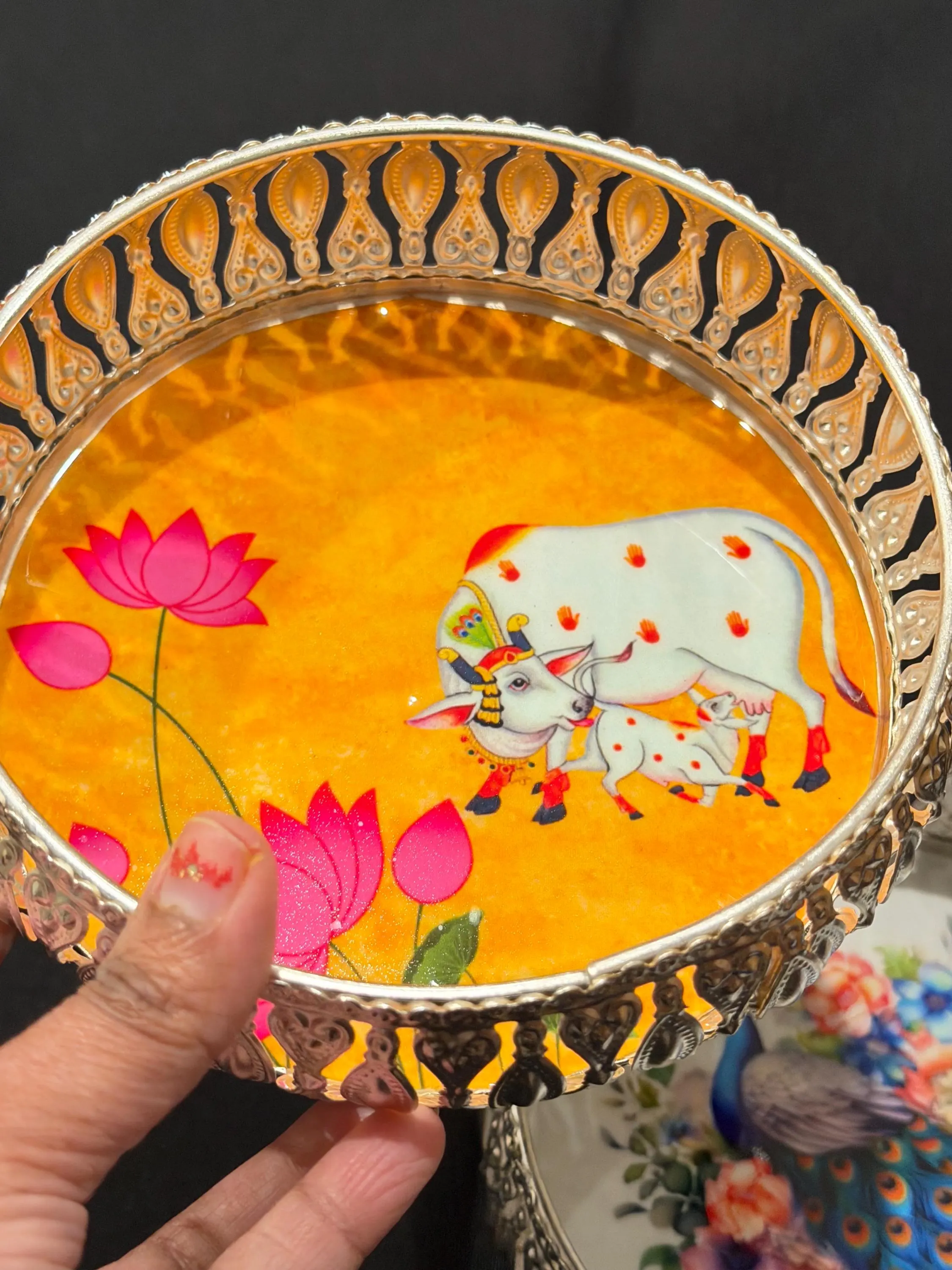 6” German Silver Pichwai Tray – Cow & Peacock Design, Indian Pooja Thali — view 6