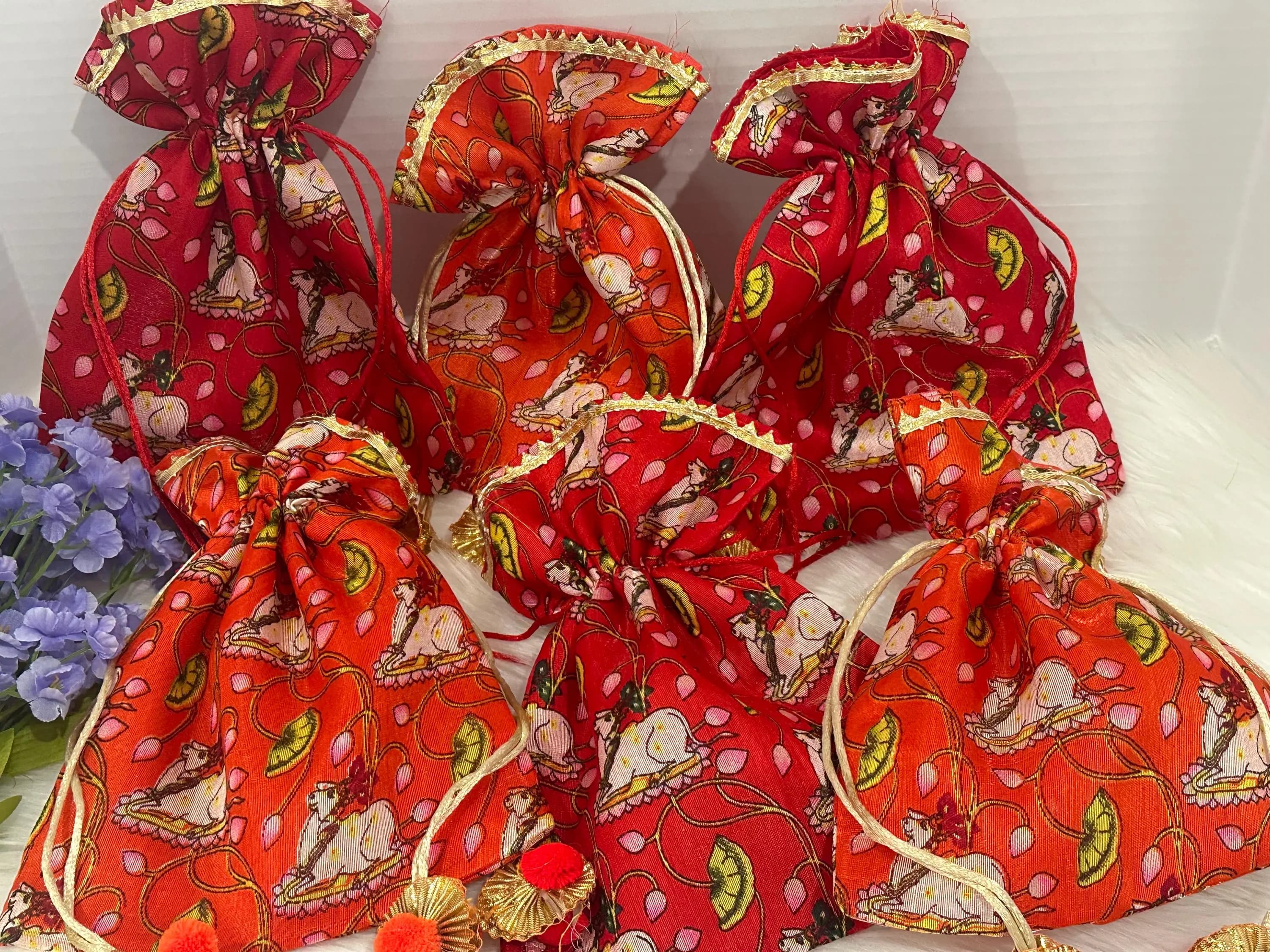 Pichwai Design Potli Bags | Pack of 5 Festive Wedding Thamboolam Bags — view 1