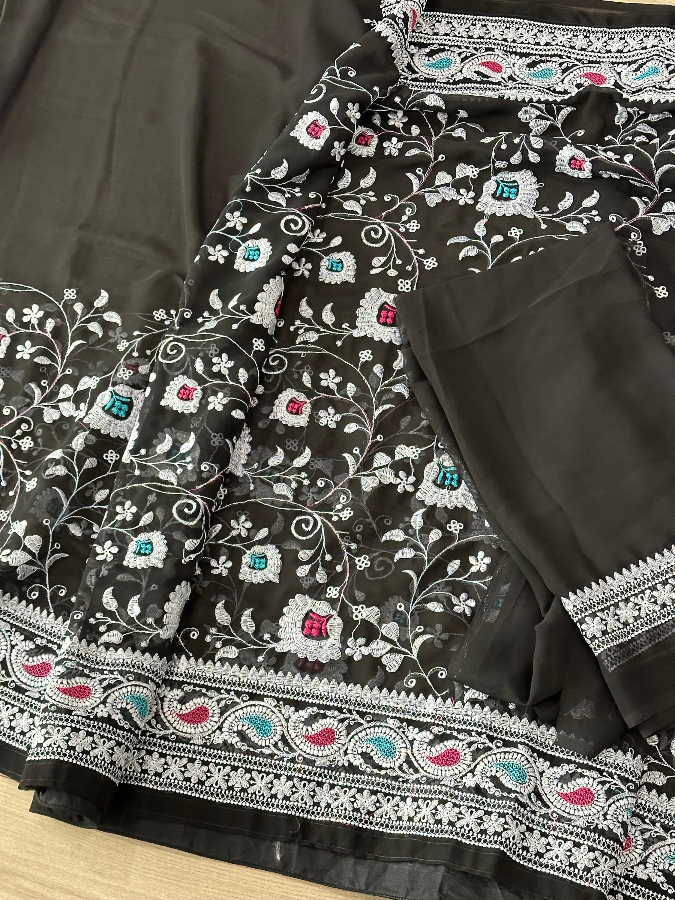 Georgette Saree With Lucknowi Work With Blouse Piece — view 5