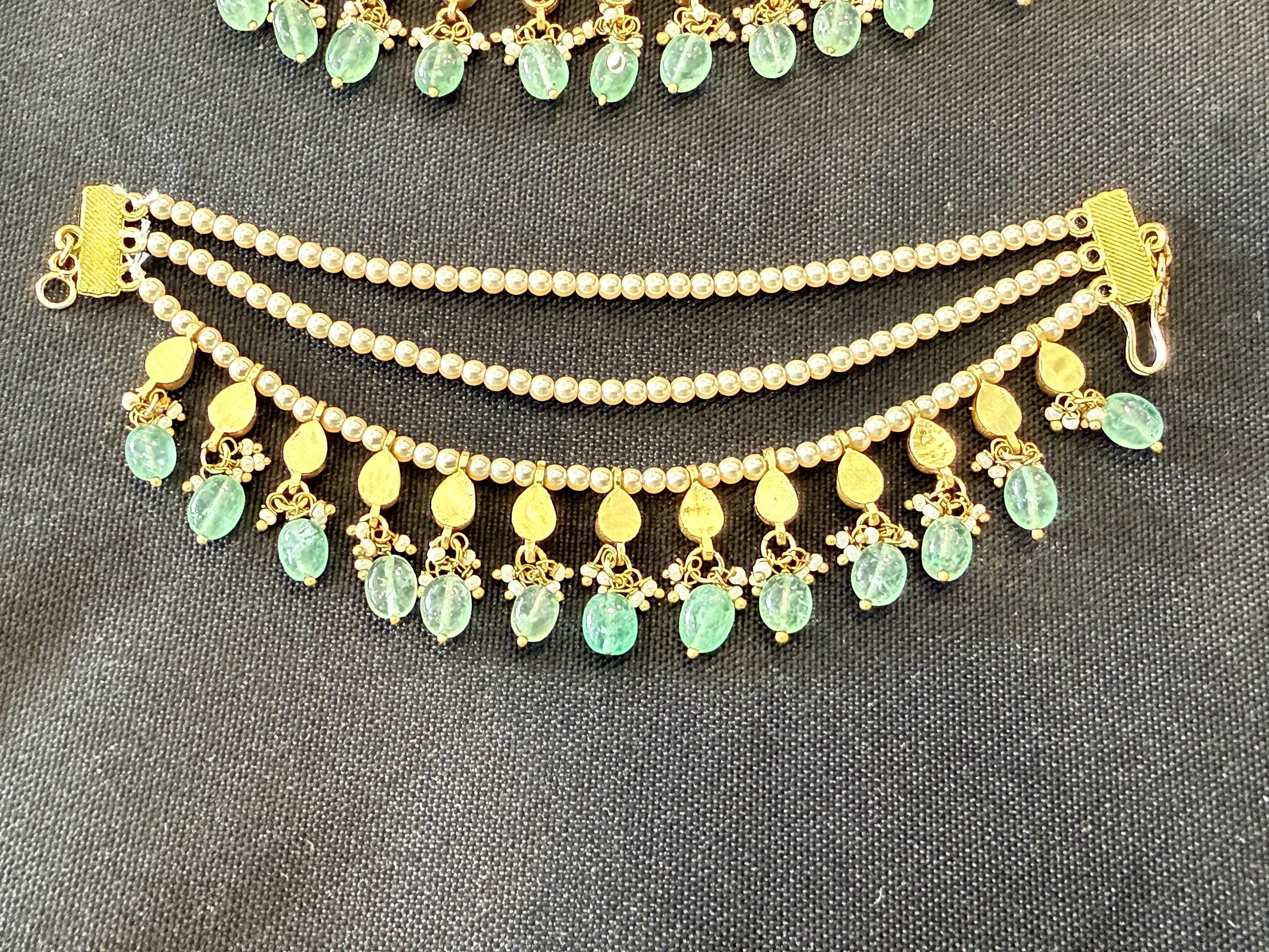Jadau Kundan Ear Chain | Swarovski Pearl, Ruby, Green Stone | South Indian Bridal Jewelry — view 6