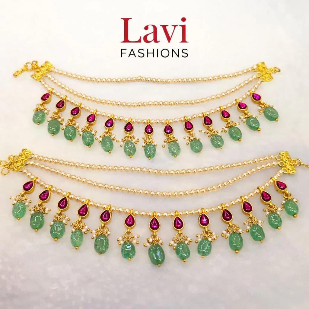 Jadau Kundan Ear Chain | Swarovski Pearl, Ruby, Green Stone | South Indian Bridal Jewelry — view 1