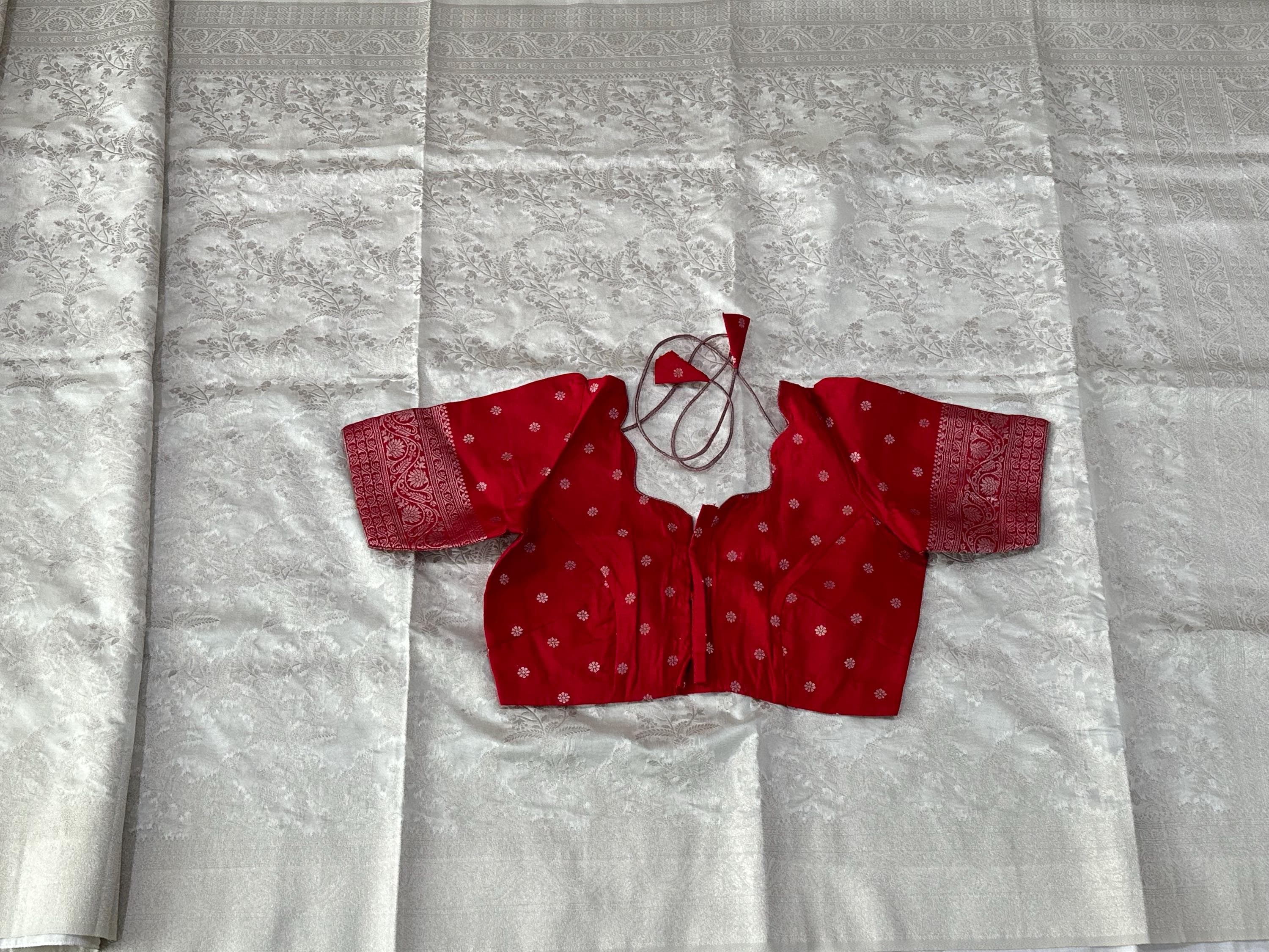 Floral Weaving Banarasi Saree | Off-White and Red, Soft Fabric — view 5